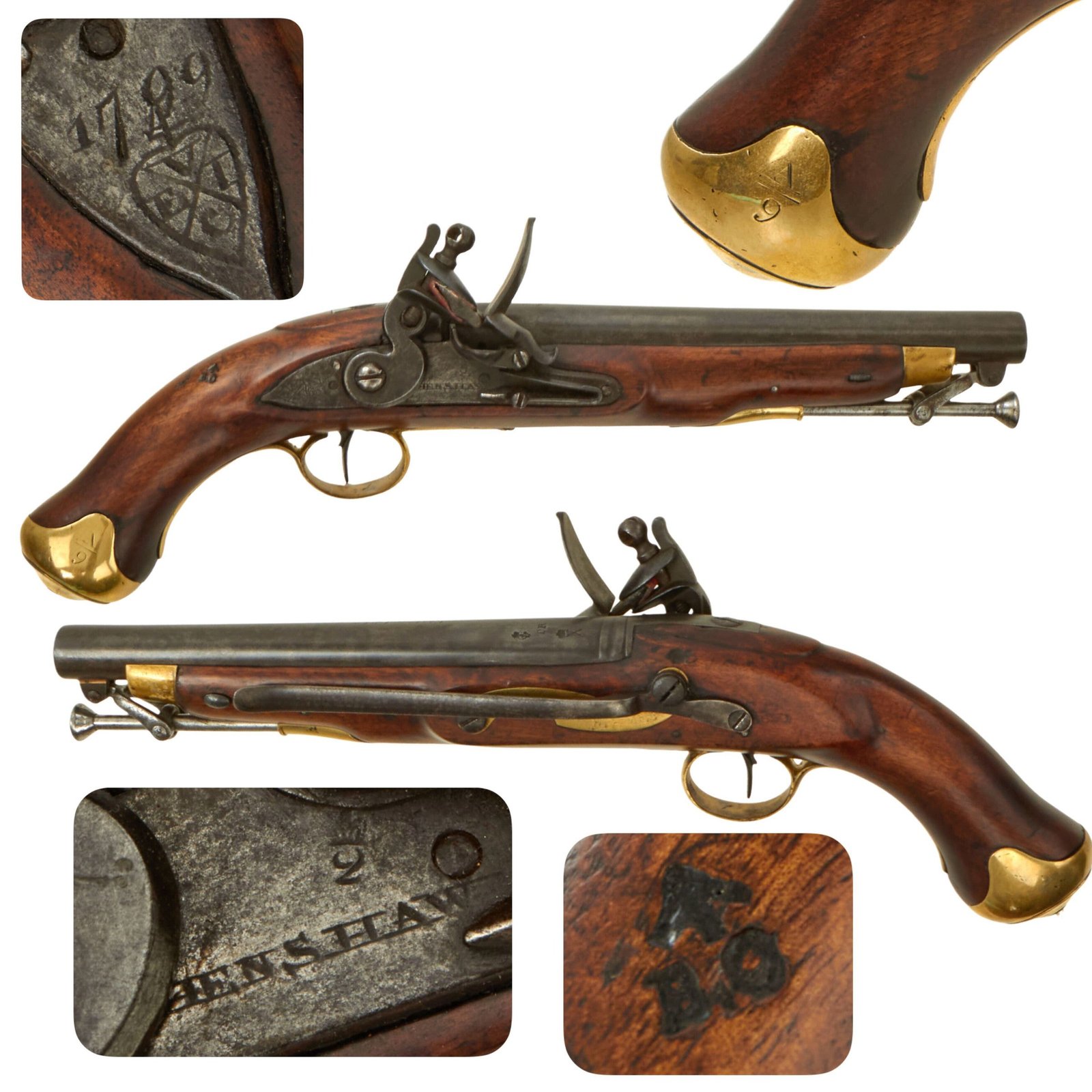 Original British East India Company Sea Service Flintlock Pistol by Henshaw Marked to East Indiaman CASTLE EDEN with Belt Hook - Dated 1799