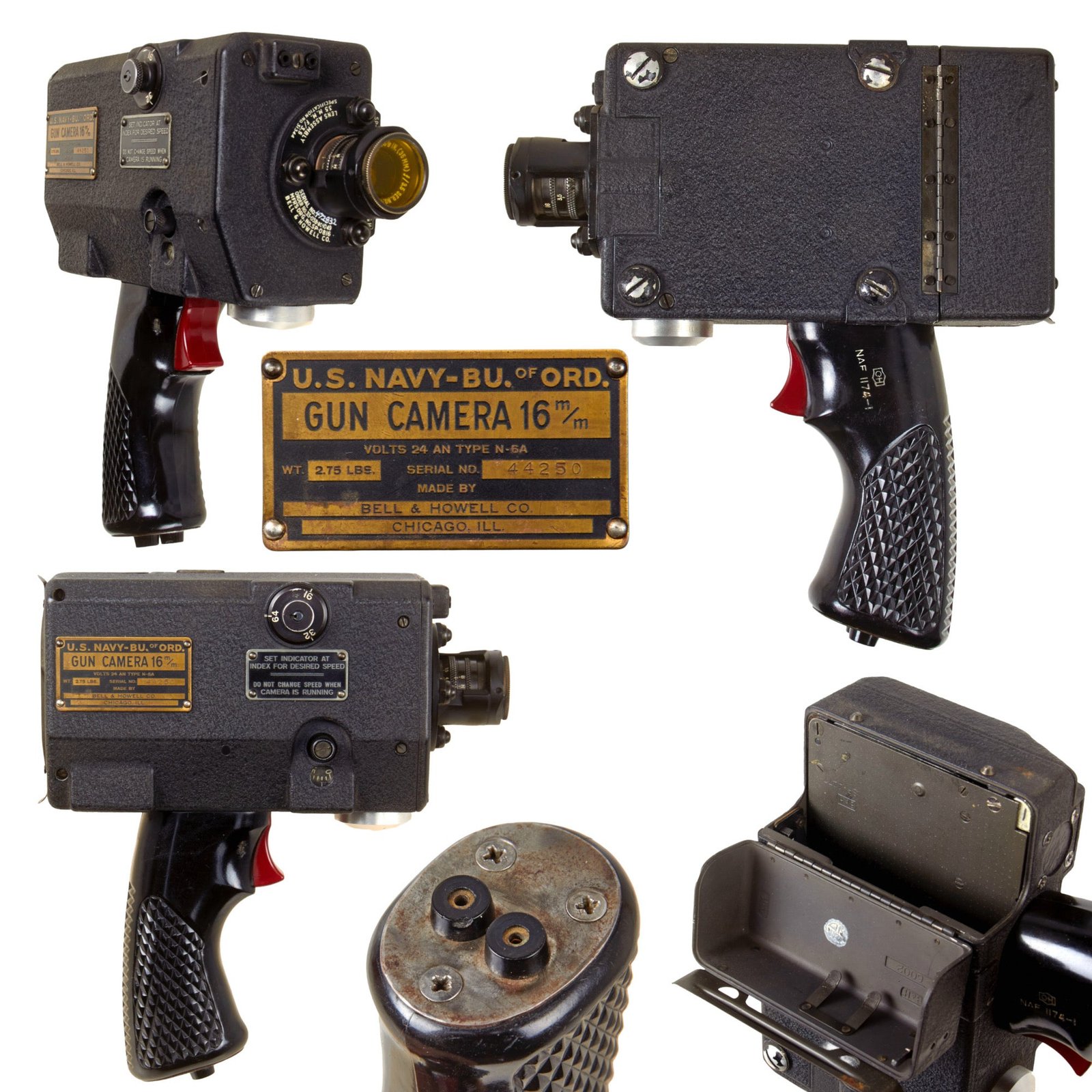 Original U.S. WWII USN Navy Gun Camera 16mm Mounted to NAF1174-1 Grip Trigger to Document Bomb Damage Results - Rare