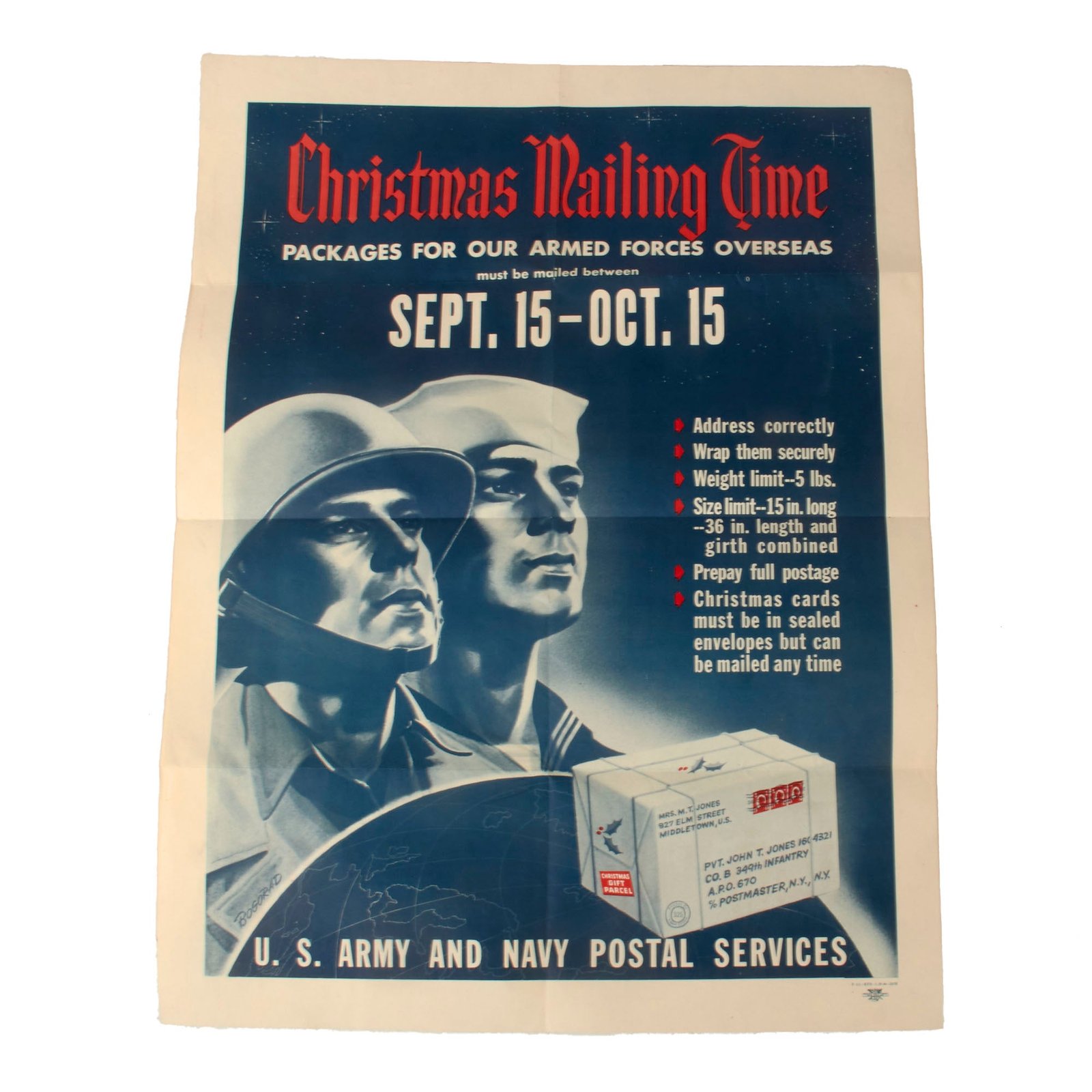 Original U.S. WWII Christmas Mailing Time Army & Navy Postal Services Poster - 21 x 28”