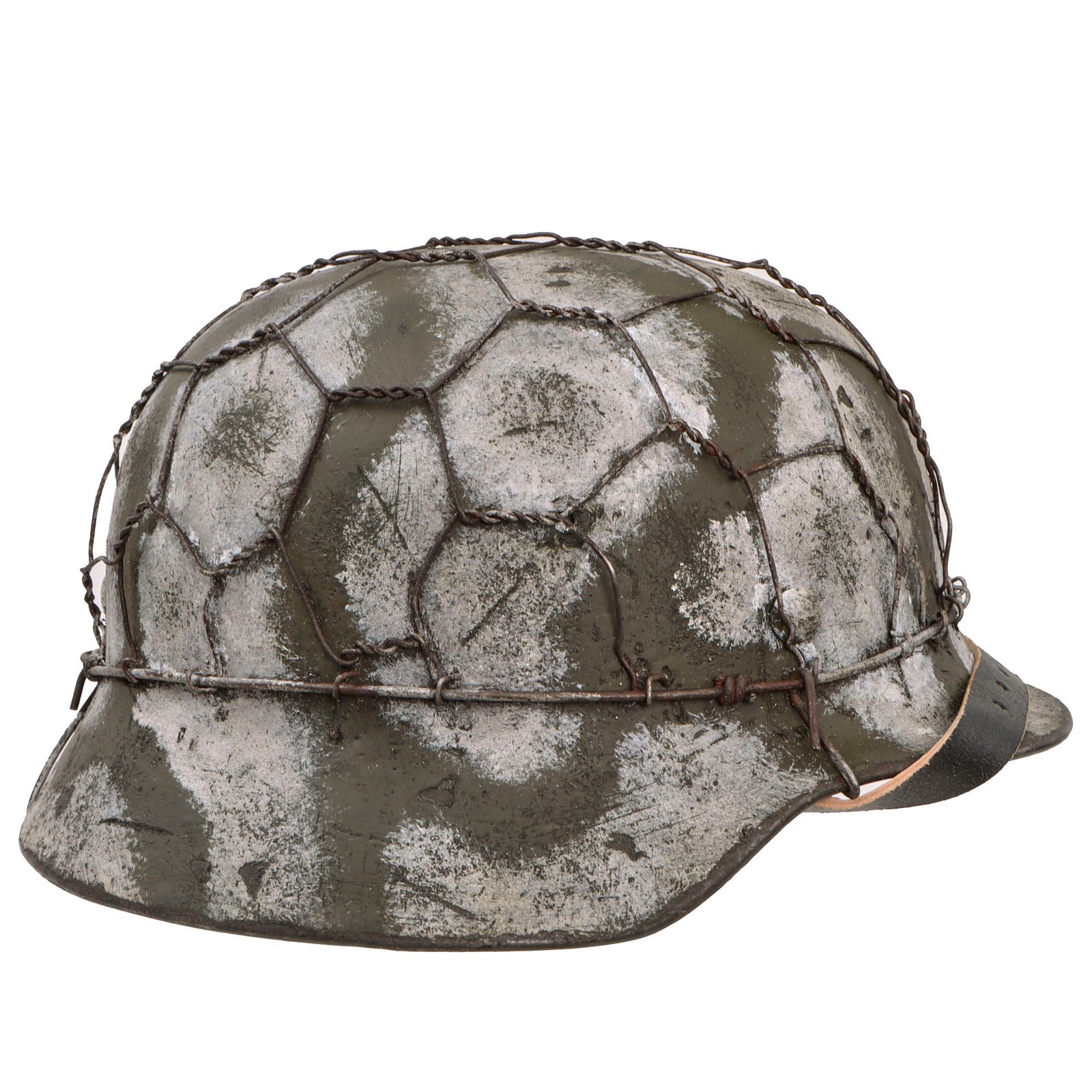 Original German WWII Refurbished M40 SS Battle of Leningrad Winter Camouflage Chicken Wire Helmet - Stamped EF64
