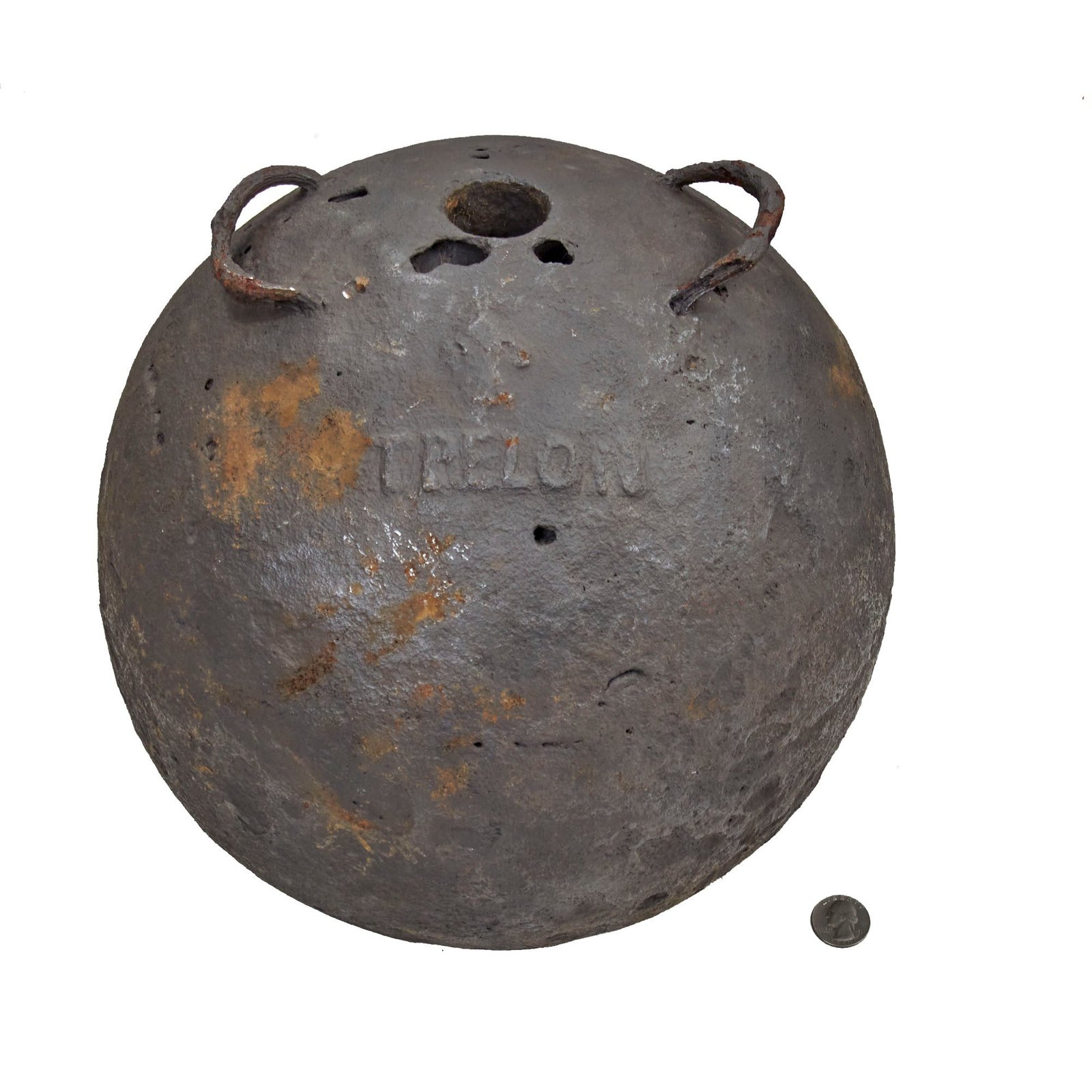 Original Napoleonic Wars French Gribeauval 12-Inch Hollow Mortar Bomb Marked Trélon Under Fleur-de-Lis with Rings (Ears)