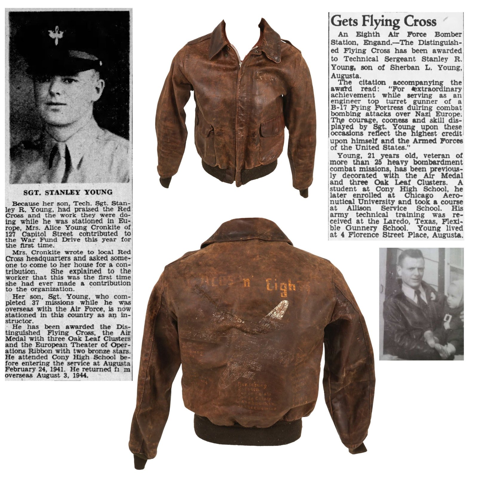 Buy Original U.S. WWII B-17 “Aces N’ Eights” Turret Gunner Distinguished Flying Cross Recipient Technical Sergeant Stanley Young Painted A-2 Flight Jacket - 527th Bomb Squadron, 379th Bomb Group | Original Firearms Antique For Sale