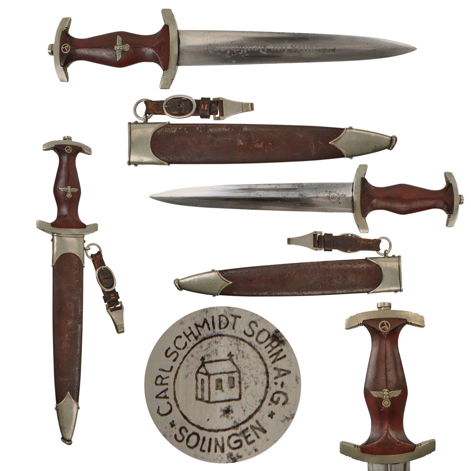 Original German Early WWII SA Dagger by Rare Maker Carl Schmidt Sohn A.-G. of Solingen with Scabbard and Hanger - McSARR Rarity Rated 9 of 10