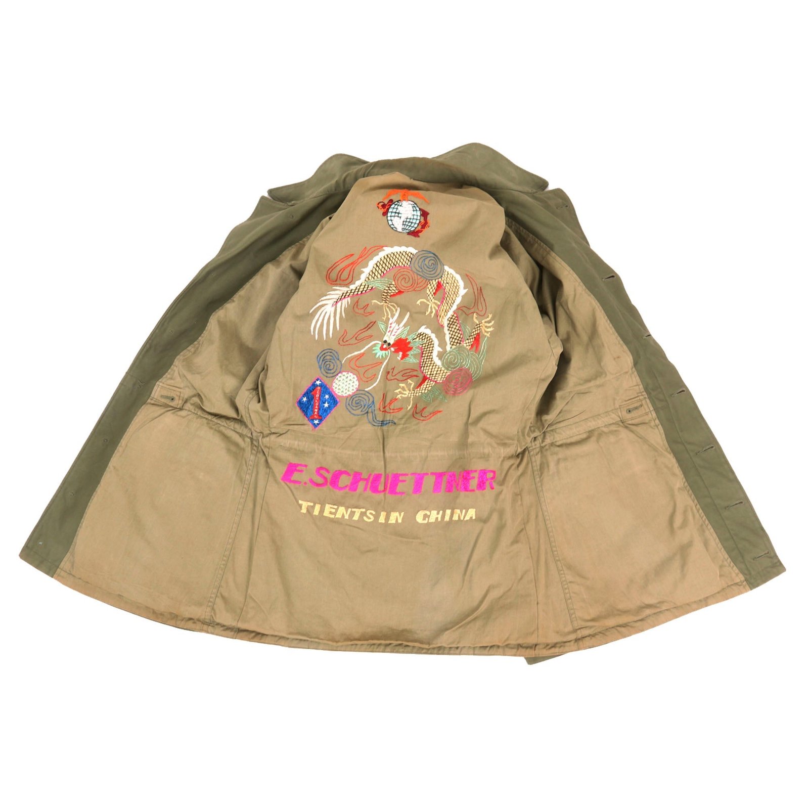 Buy Original U.S. WWII USMC 1st Marine Division China Marine Embroidered M-1943 M43 Field Jacket with Gorgeous Dragon Motif - Ewald Schuettner | Original Firearms Antique For Sale
