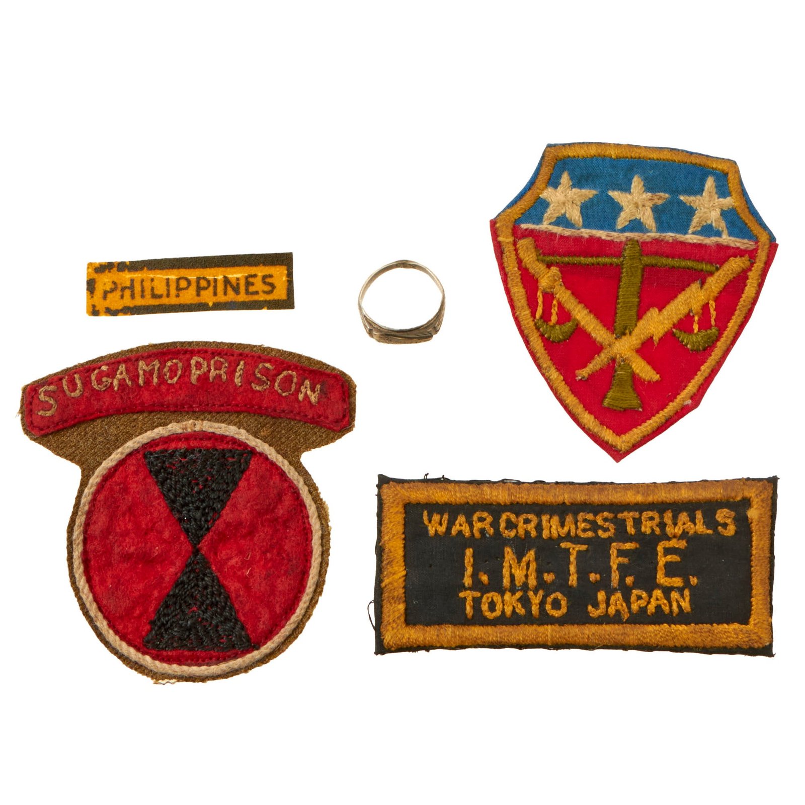 Buy Original U.S. WWII IMTFE Japanese War Crimes Tribunal Tokyo Trial 7th Infantry Division Patch & Philippine Ring Group - Sugamo Prison | Original Firearms Antique For Sale