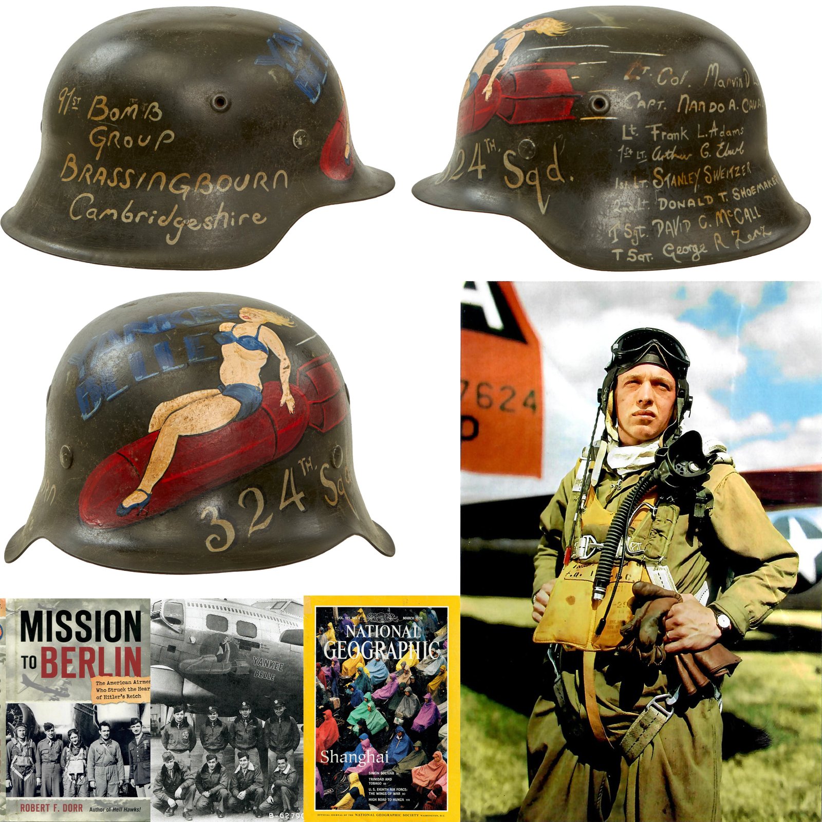 Original U.S. WWII Veteran Painted B-17 Yankee Bell Captured German Helmet – Dedicated to the 91st Bomb Group, 324th Bomb Squadron, and Crew of Lt. Colonel Martin Lord - Featured in National Geographic Magazine