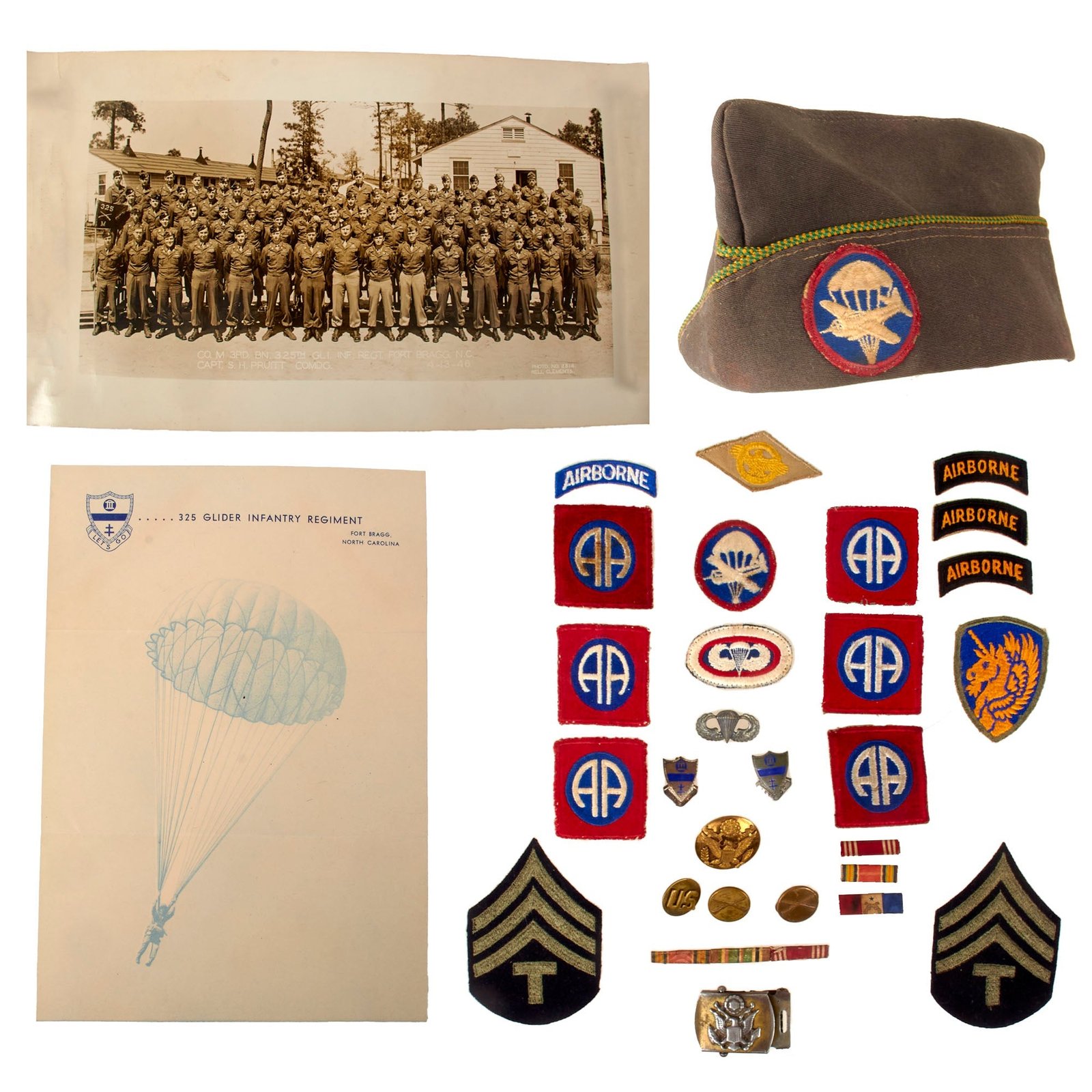 Buy Original U.S. WWII 82nd Airborne Division Military Police Garrison Cap & Insignia Grouping with Yardlong Photo - Dalton C Spoonemore, Company M, 325th Glider Infantry Regiment | Original Firearms Antique For Sale
