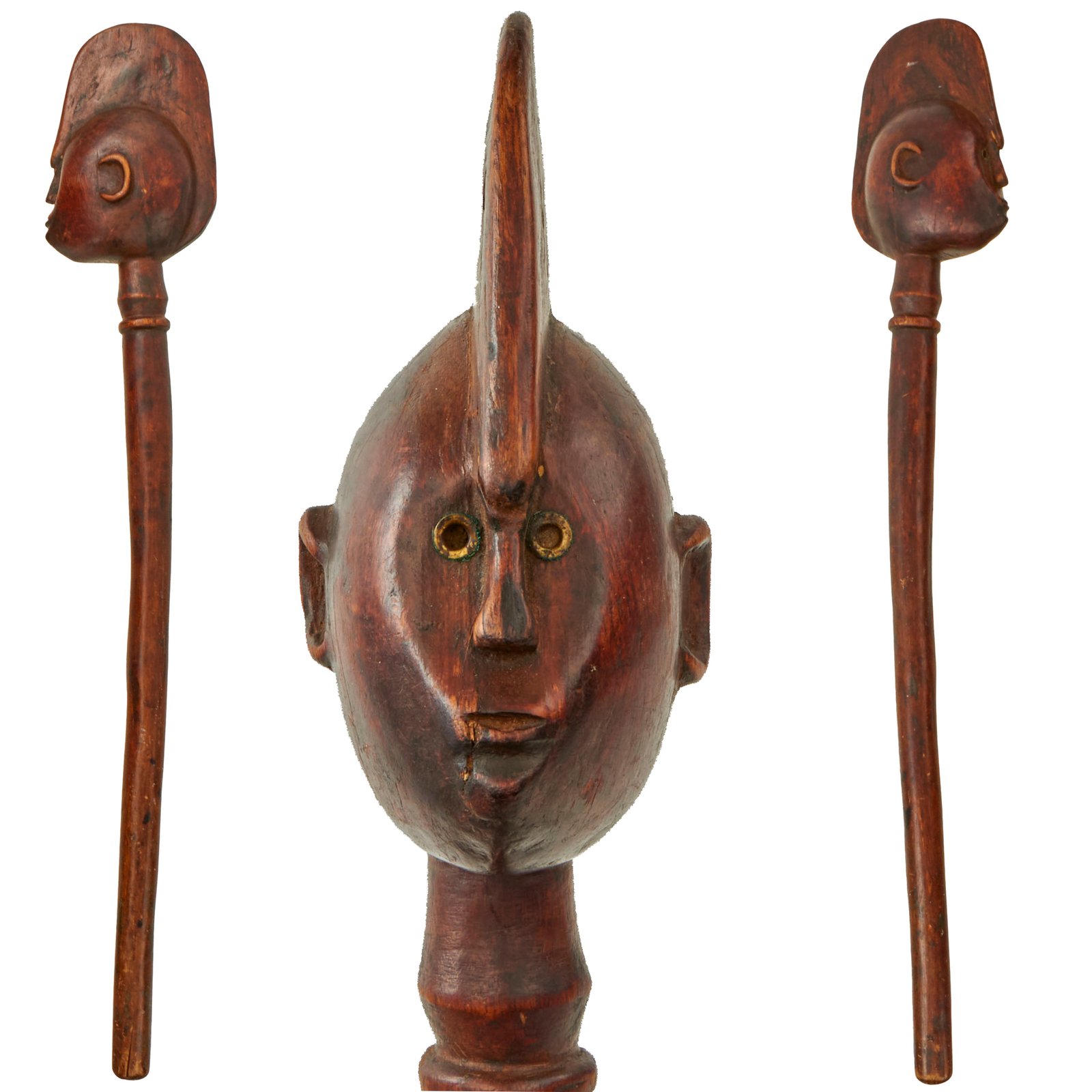 Original Victorian Era Maasai Rungu Wooden Throwing Club – High-Rank Tribal Warrior’s War Club – Extra Long 29" Example with Carved Human Head and Brass Inlay