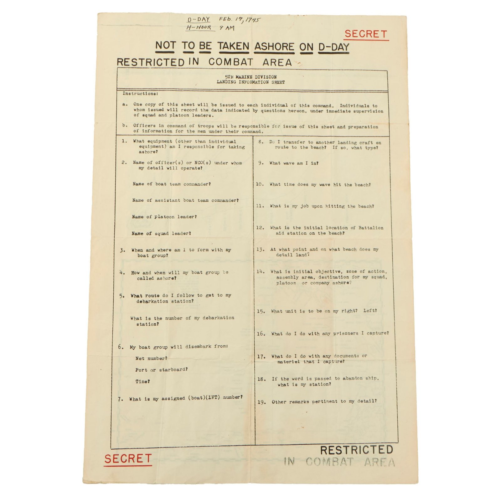 Buy Original U.S. WWII 5th Marine Division Double-Sided Iwo Jima Landing Information Sheet Inscribed with Date & Time of “D-Day” | Original Firearms Antique For Sale