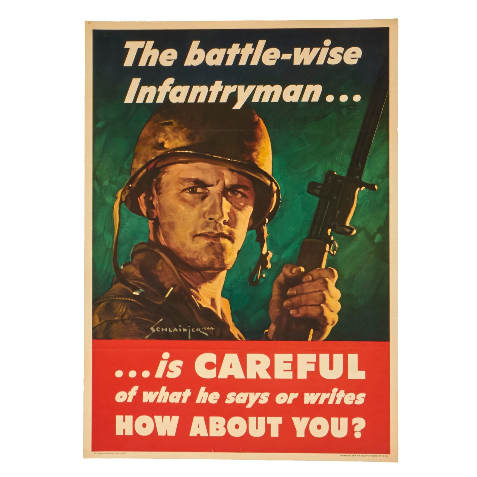 Buy Original U.S. WWII “The Battle-Wise Infantryman is Careful” Anti-Espionage Propaganda Poster - 20 x 28” | Original Firearms Antique For Sale