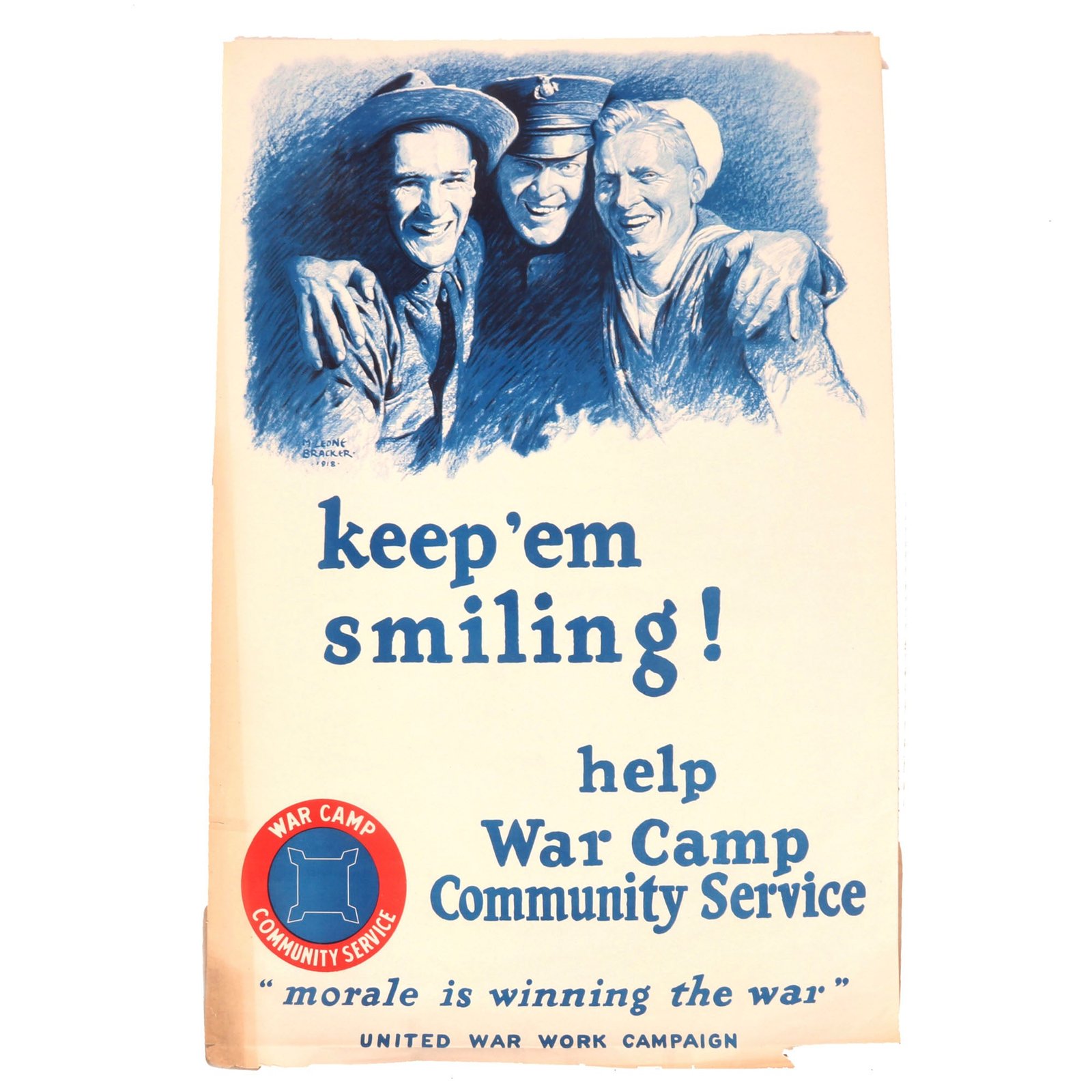 Buy Original U.S. WWI “Keep ‘Em Smiling” War Camp Community Service Poster - 28 x 41” | Original Firearms Antique For Sale