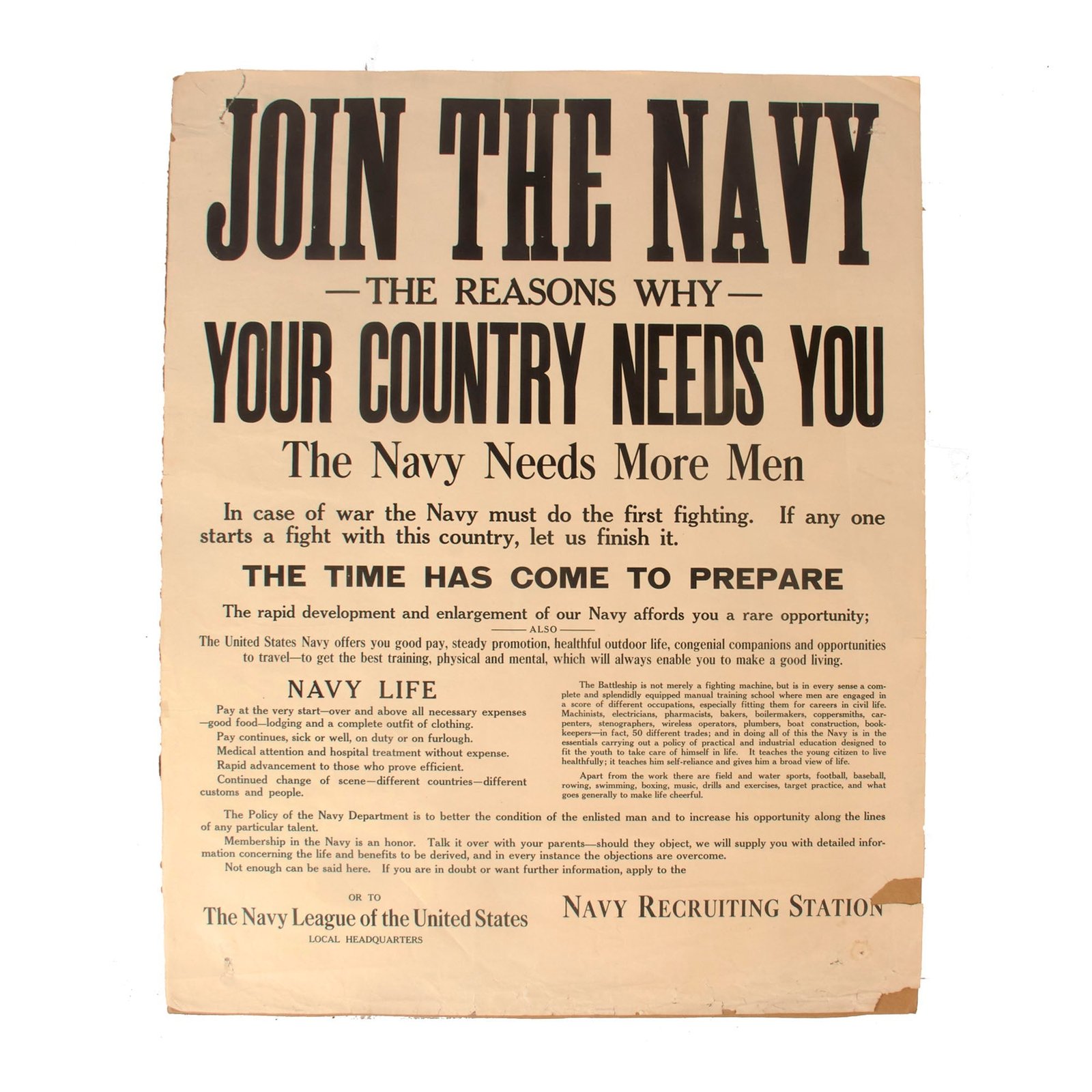 Buy Original U.S. WWI “Join the Navy” Navy League Recruitment Poster - 22 x 28” | Original Firearms Antique For Sale