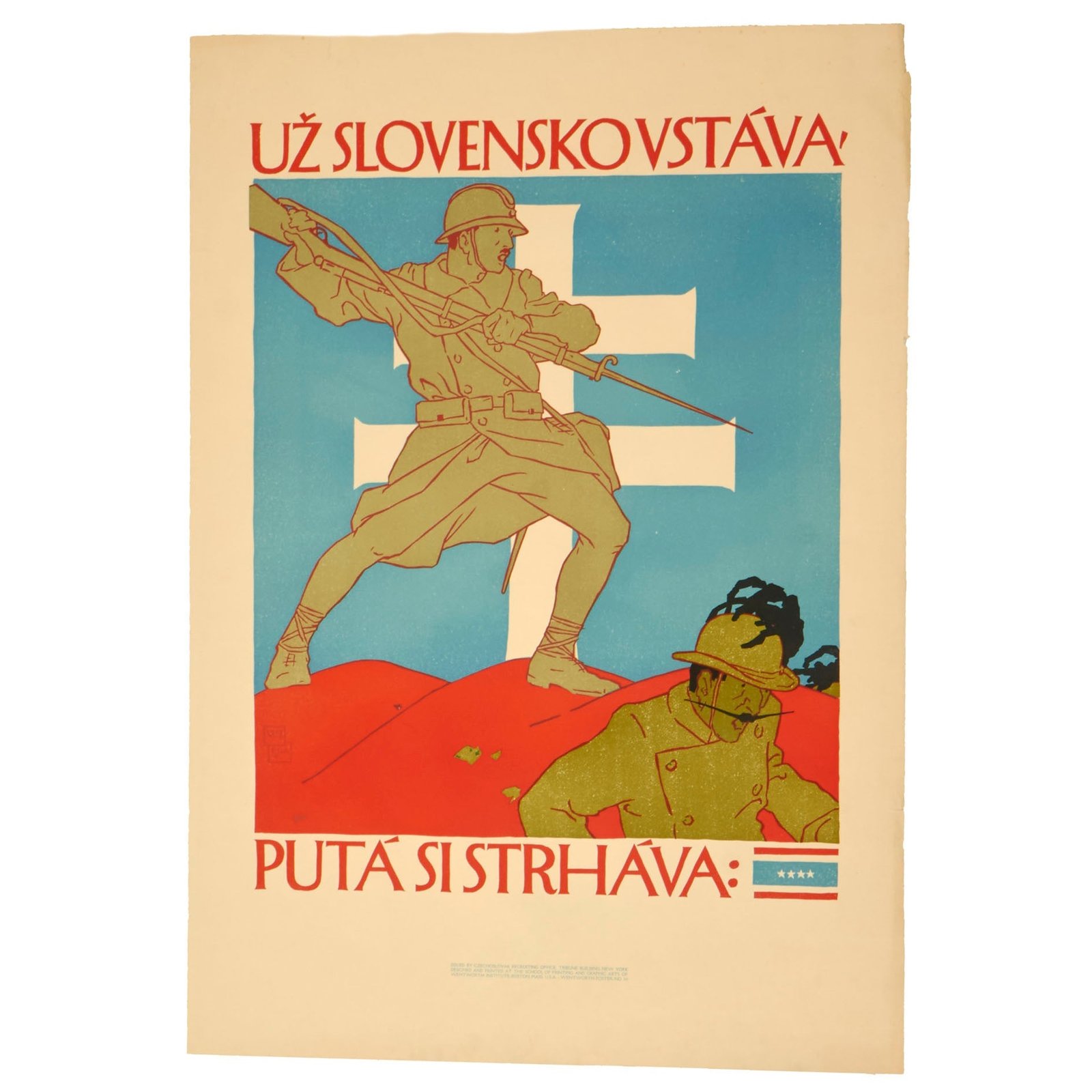 Buy Original Czechoslovakian Very Rare WWI U.S. Printed 1918 Czech Legion Recruitment Propaganda Poster Printed by Wentworth Institute - 25 x 36” | Original Firearms Antique For Sale
