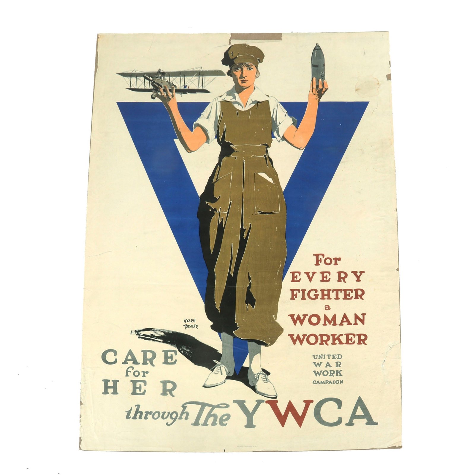 Buy Original U.S. WWI 1918 “For Every Fighter a Woman Worker Care For Her Through the YWCA” Young Christian Women's Association Poster by Adolph Treidler - 30” x 40” | Original Firearms Antique For Sale