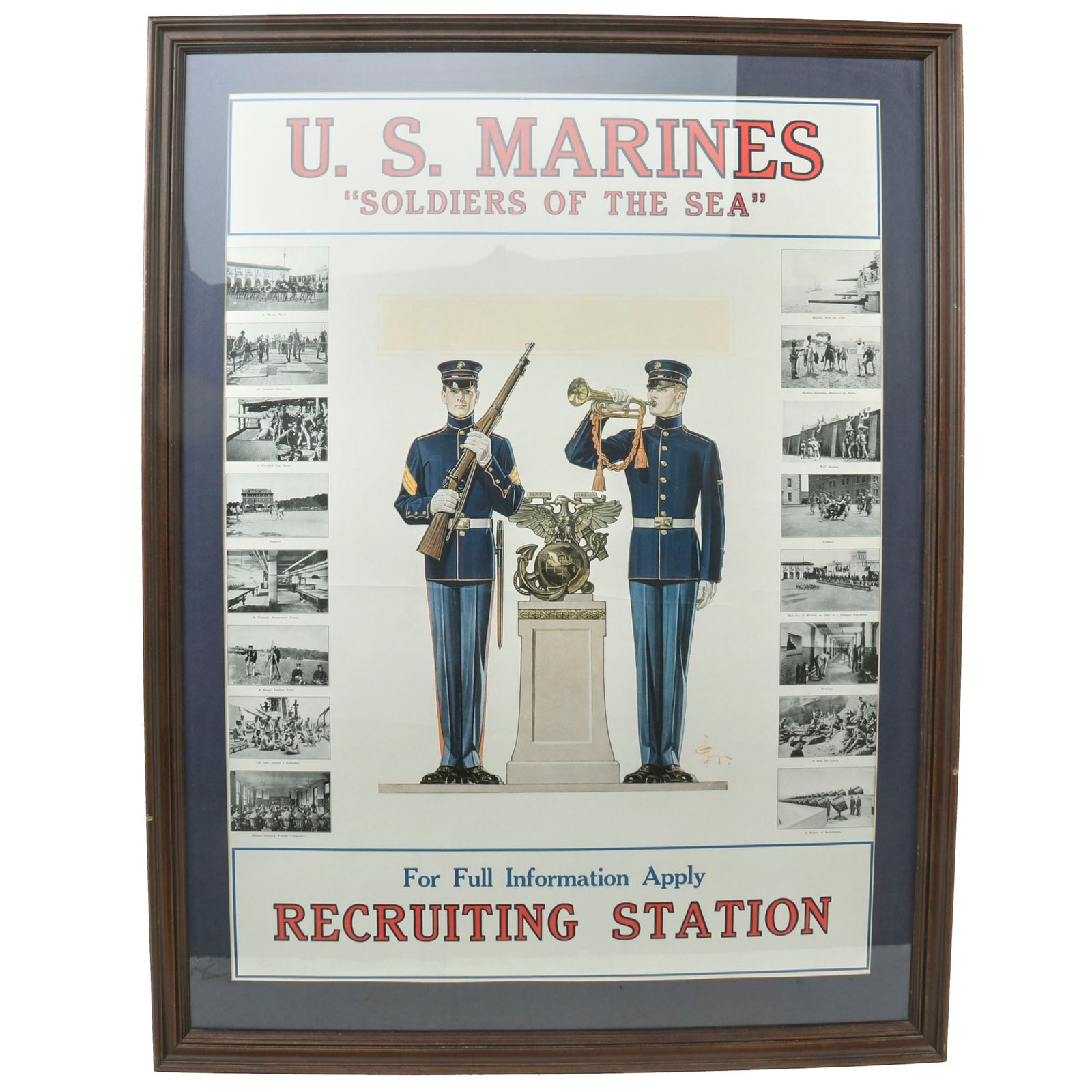 Buy Original U.S. Pre-WWI Framed United States Marine Corps “Soldiers of the Sea” Recruitment Poster Featuring Artwork By German Born Illustrator JC Leyendecker - 32 x 43” | Original Firearms Antique For Sale