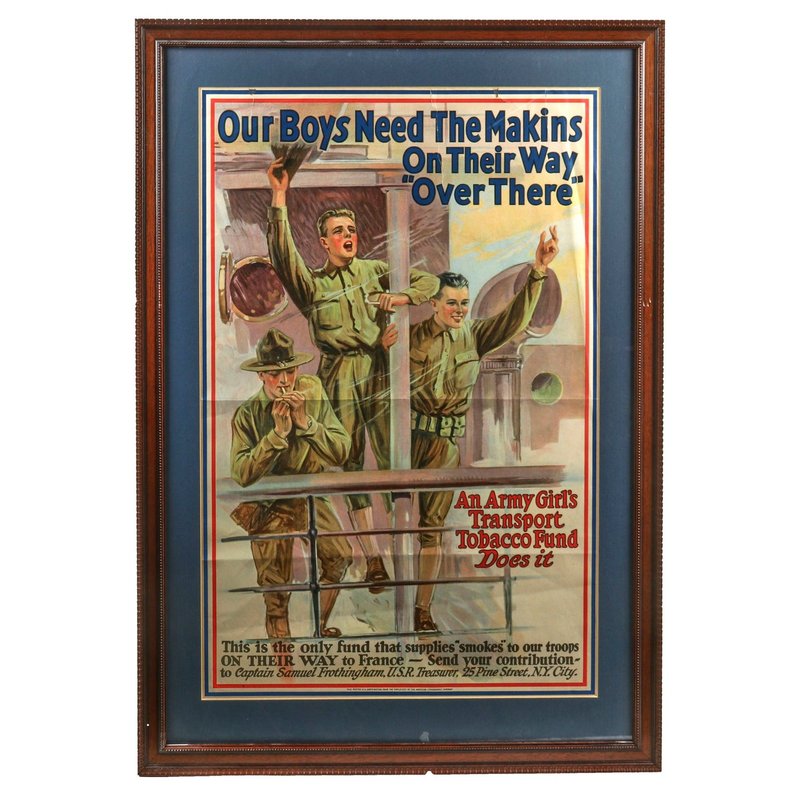 Buy Original U.S. WWI Framed Army Girl’s Transport Tobacco Fund Donation Poster - Extremely Scarce - 26¼ x 36¾” | Original Firearms Antique For Sale