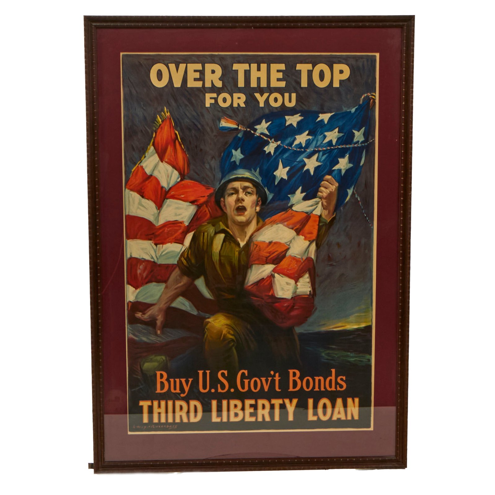 Buy Original U.S. WWI Framed “Over the Top for You” 3rd Liberty Loan Propaganda Poster - 24½ x 35¼” | Original Firearms Antique For Sale