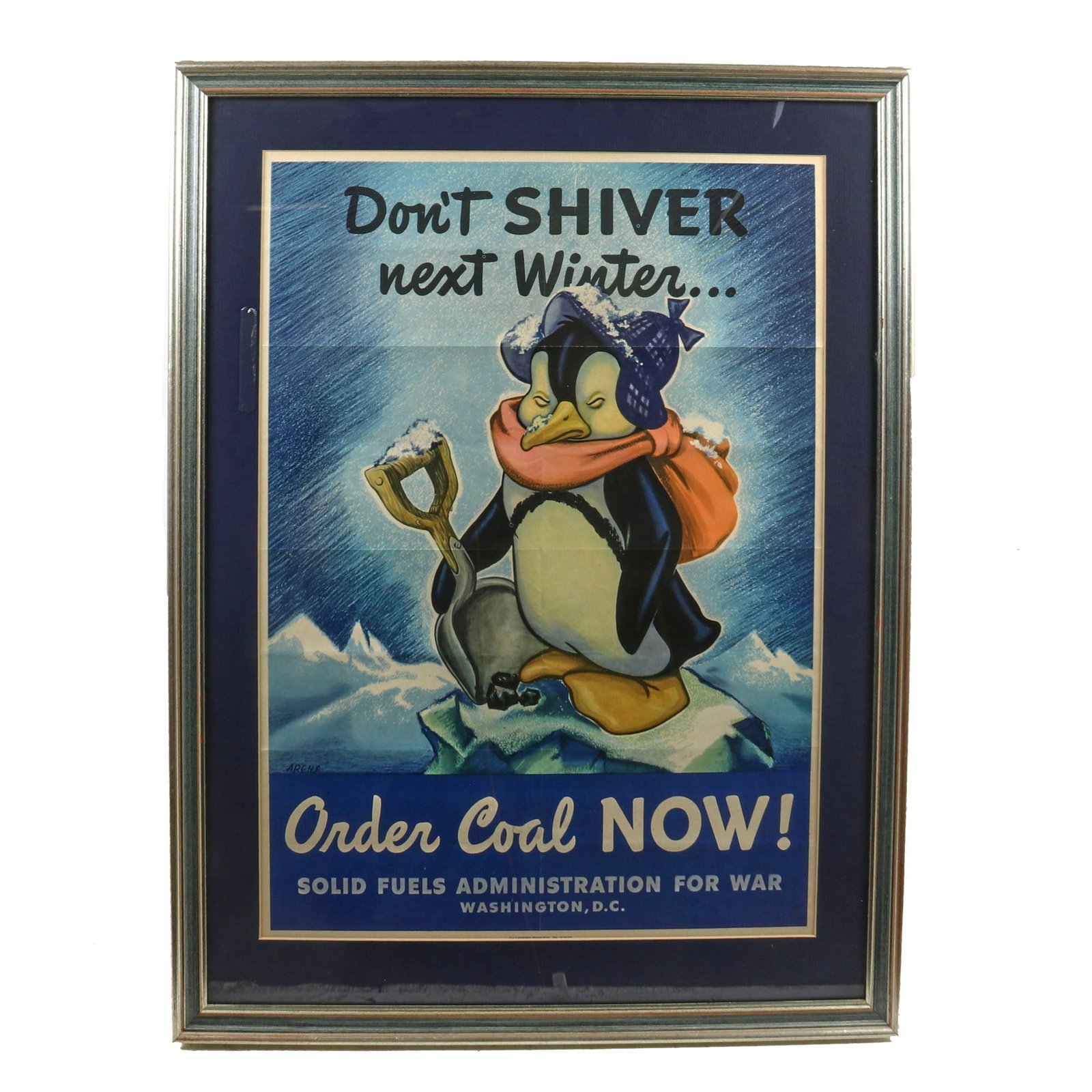 Buy Original U.S. WWII Framed “Don’t Shiver Next Winter” Penguin Coal Promotion Poster - 24 x 32” | Original Firearms Antique For Sale