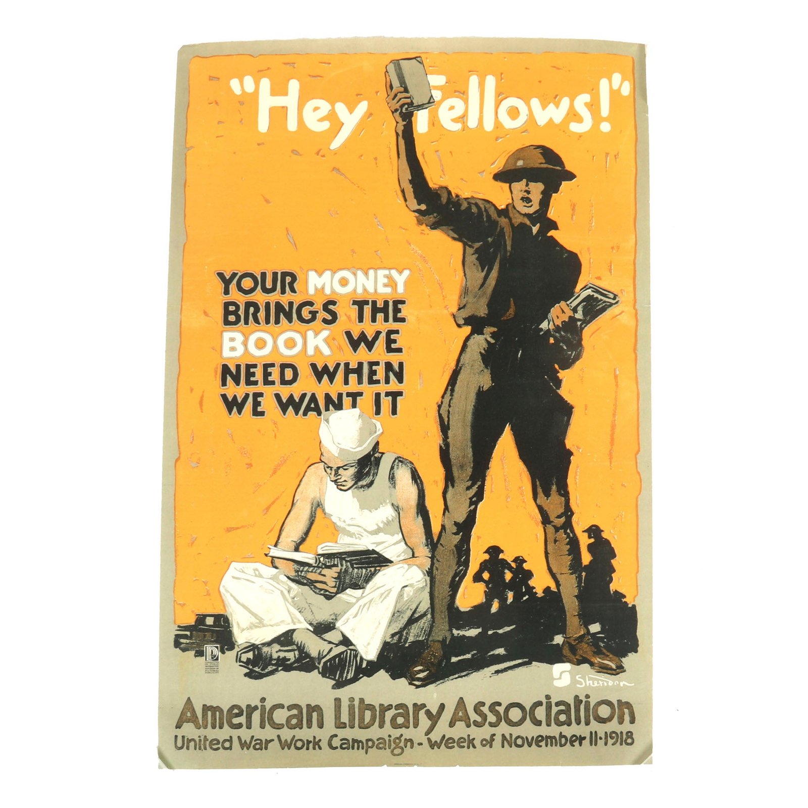 Buy Original U.S. Post WWI United War Work Campaign “Hey Fellows!” American Library Association Fundraising Poster - 20” x 30” | Original Firearms Antique For Sale