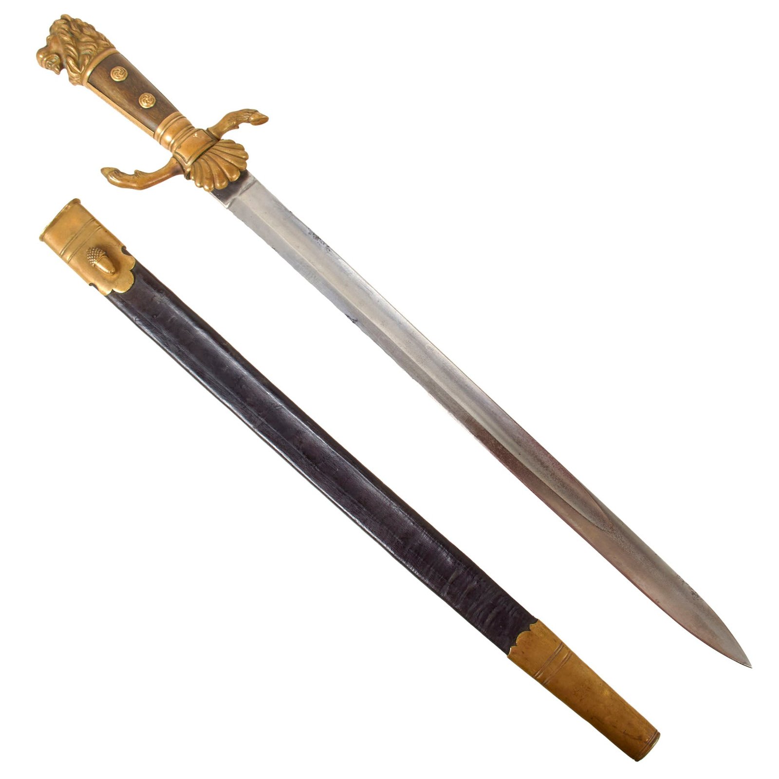 Original German Pre WWI Bavarian Lion’s Head Hirschfänger Hunting Dagger Knife with Leather Scabbard