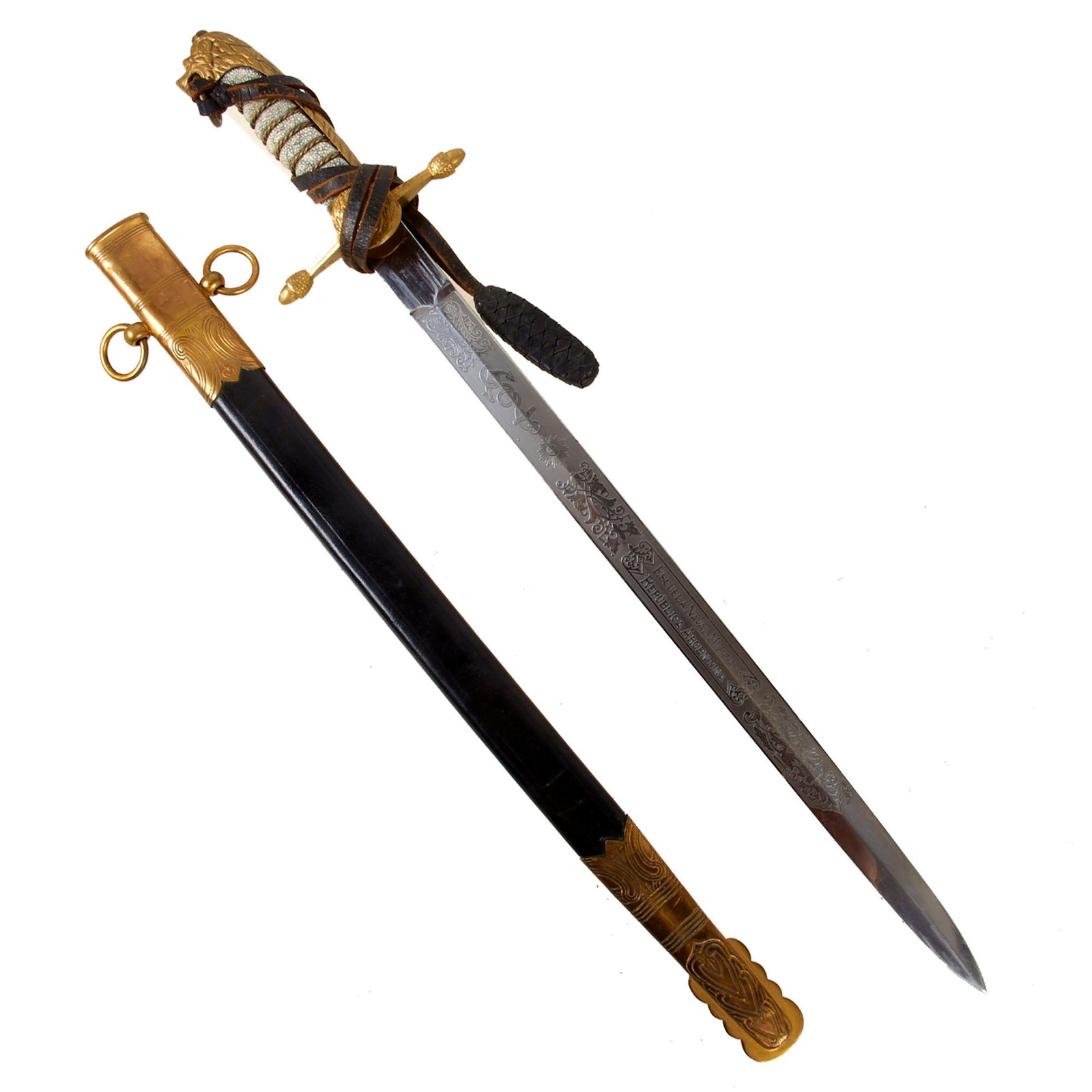 Original Argentina Pre-WWII Naval Academy Short Sword by Carl Eickhorn in Scabbard with Rayskin Grip & Leather Sword Knot - Escuela Naval Militar