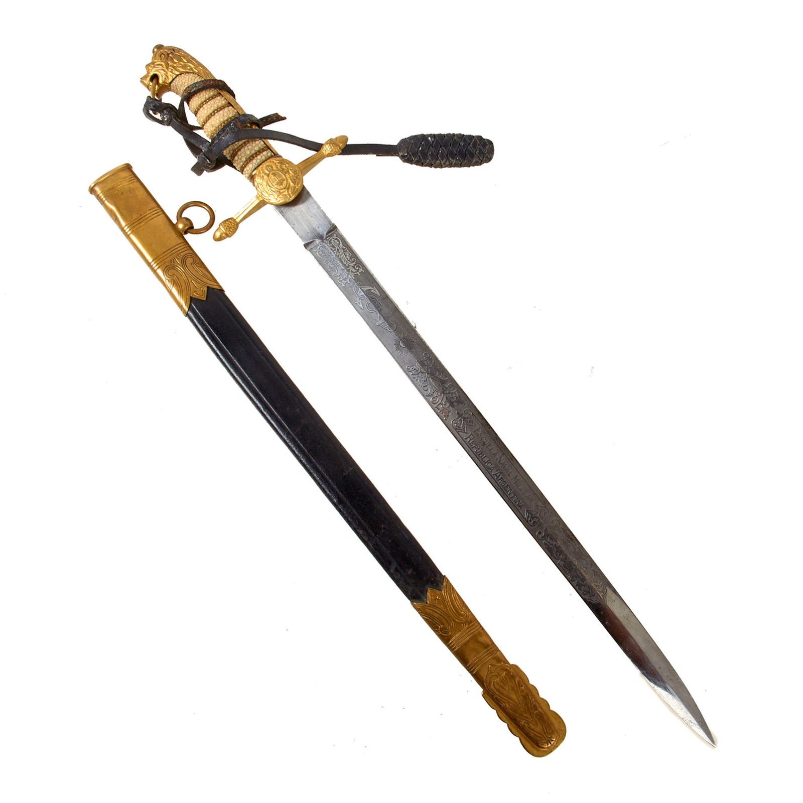 Original Argentina Pre-WWII Naval Academy Short Sword by Carl Eickhorn in Scabbard with Rayskin Grip & Leather Sword Knot - Escuela Naval Militar