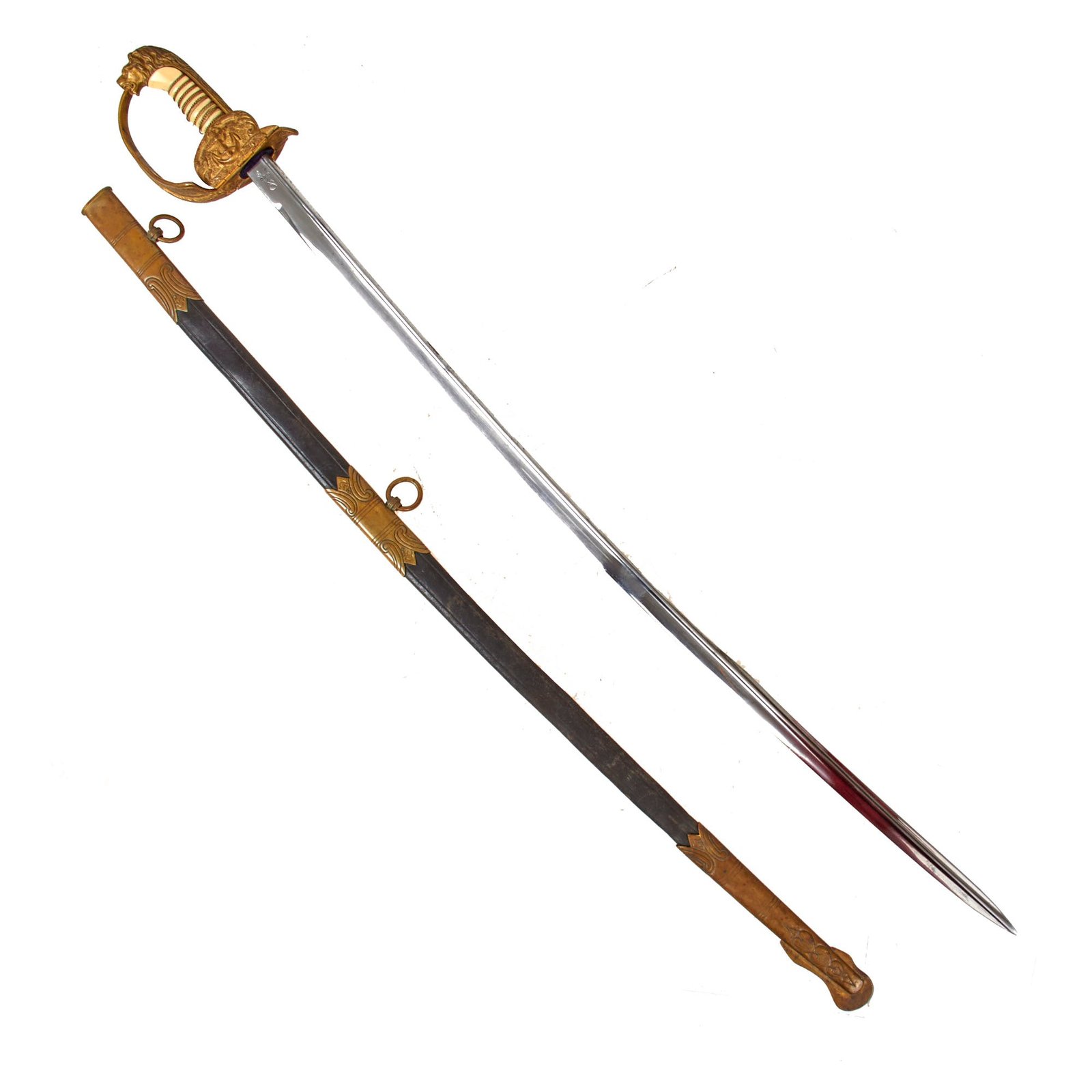 Original German WWII Kriegsmarine Navy Officer Pipe Back Lion Head Sword by WKC Waffenfabrik with Leather Scabbard