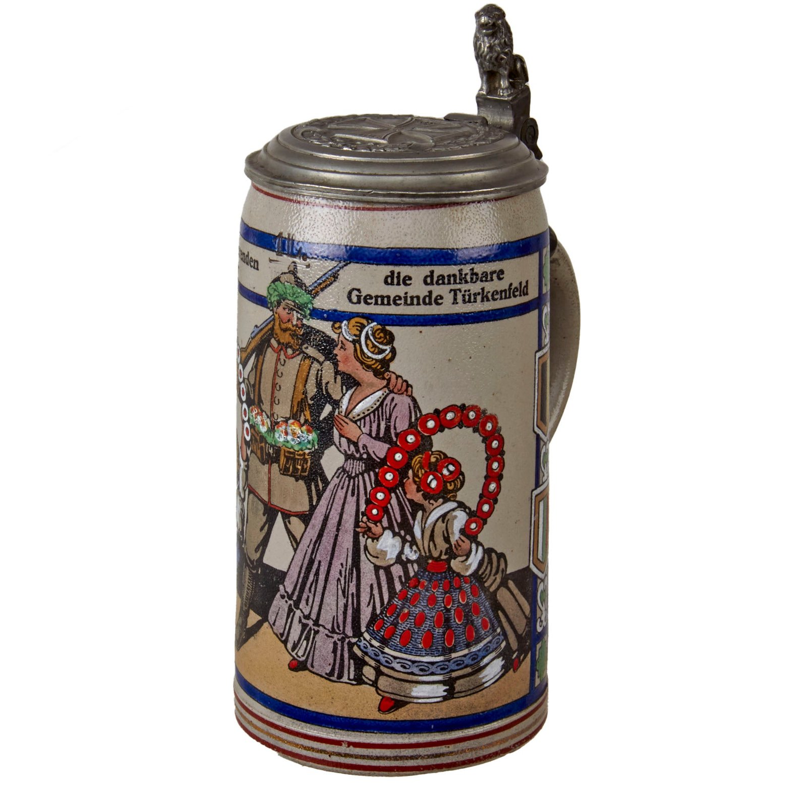 Original Imperial German WWI Soldier with Family Beer Stein with Iron Cross Lid - Aumiller Sebastian