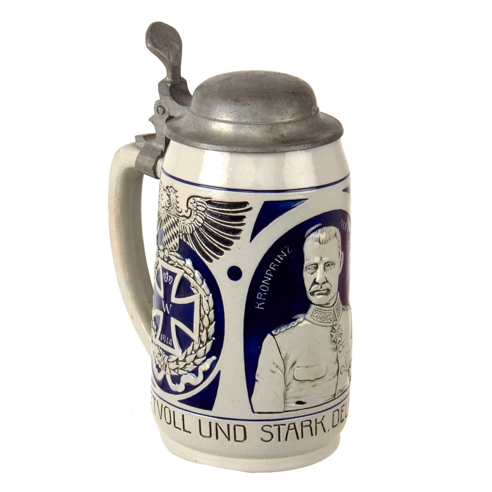 Original Imperial German WWI 20th Royal Bavarian Infantry "Prinz Rupprecht" Beer Stein with Named Lid & Iron Cross Motifs