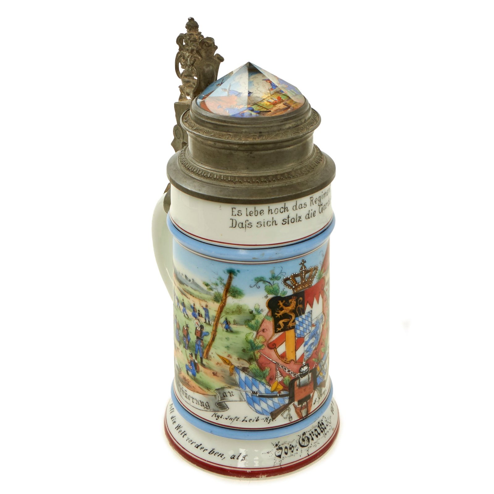 Original Imperial German Pre-WWI Bayerisches Leib-Infanterie-Regiment Beer Stein with Prism Lid - Dated 1898-1900