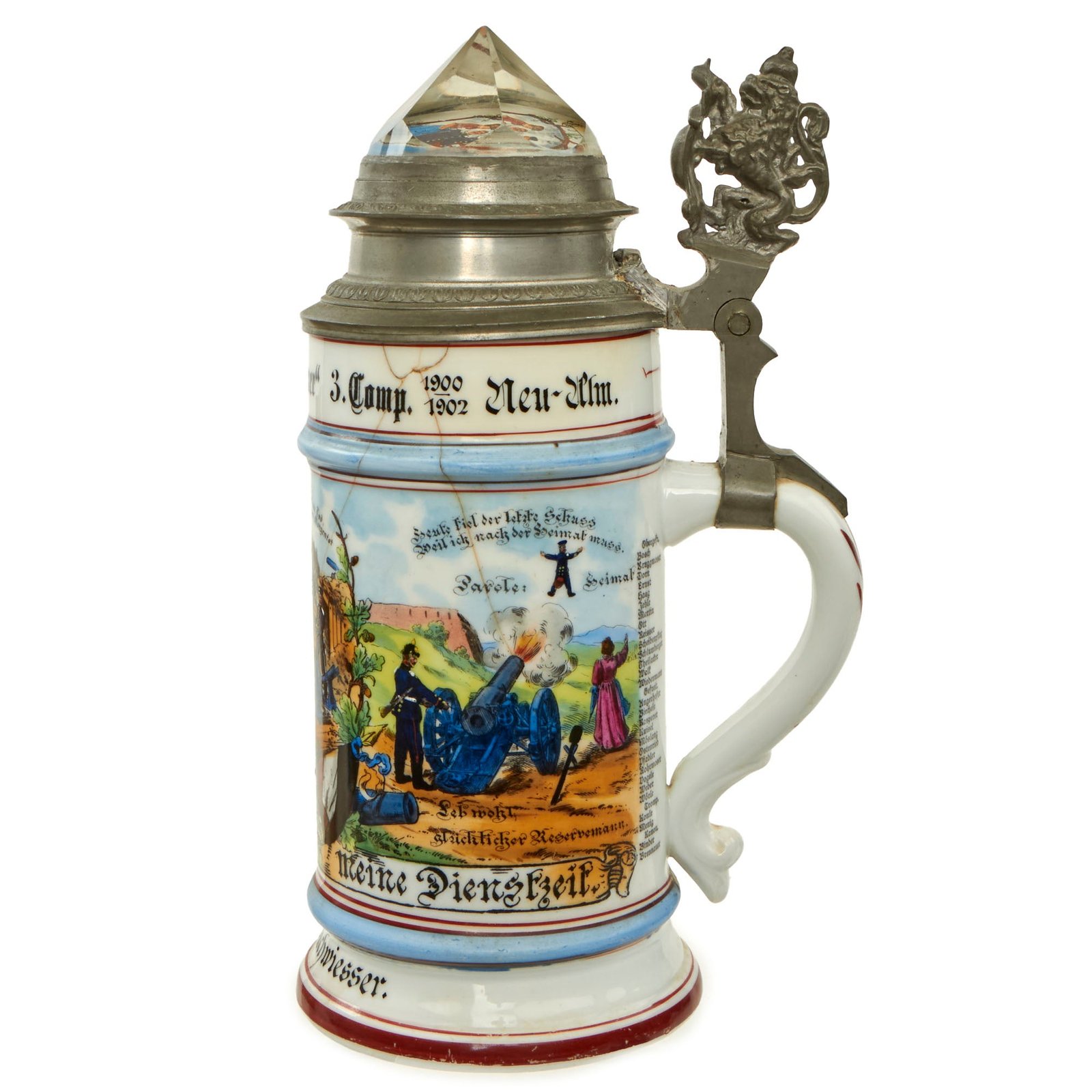 Original Imperial German Pre-WWI Era Bavarian 1st Foot Artillery Regiment “Vacant Bothmer” Beer Stein with Prism Lid - Dated 1900-1902