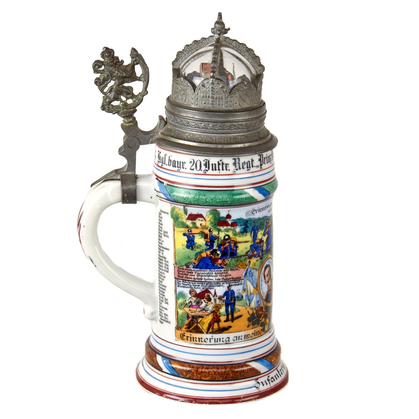 Original Imperial German WWI Era 20th Royal Bavarian Infantry "Prinz Rupprecht" Beer Stein with Unusual Glass Dome Hinged Lid by Jakob Maier - Dated 1908-1910