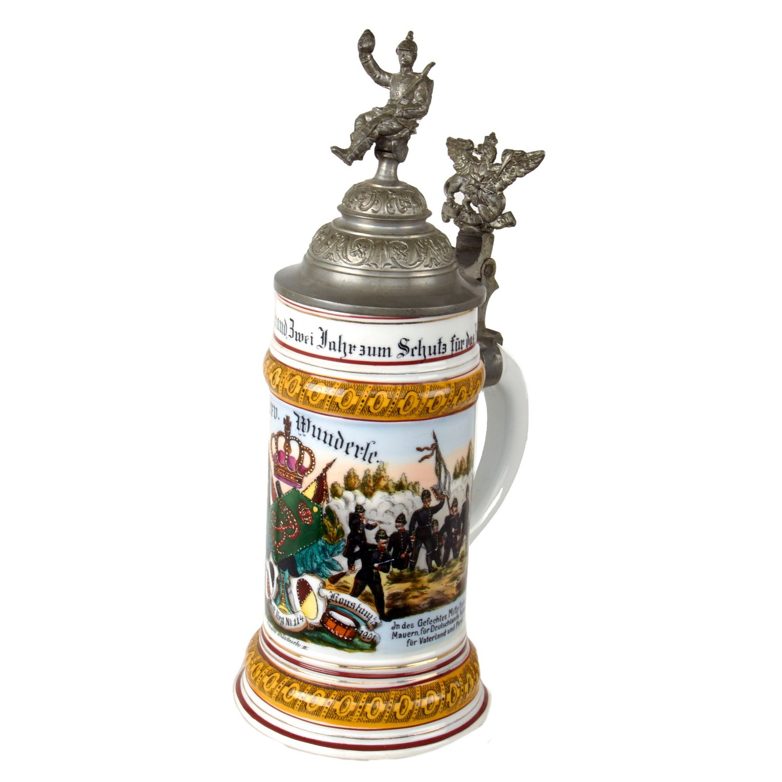 Original Imperial German WWI Era 114th (6th Baden) Infantry "Emperor Frederick III" Regiment Beer Stein with Hinged Lid - Dated 1901