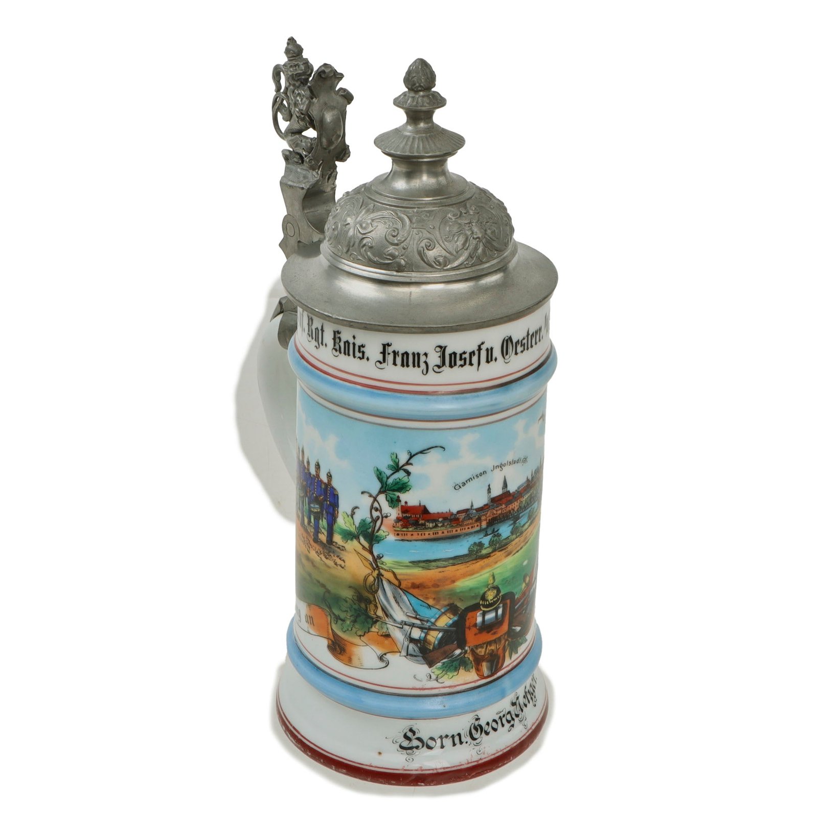 Original Imperial German Pre-WWI Kgl. Bayerisches 13. Infanterie-Regiment Franz Josef I., Kaiser von Österreich Beer Stein with Hinged Lid - Dated 1898-1900