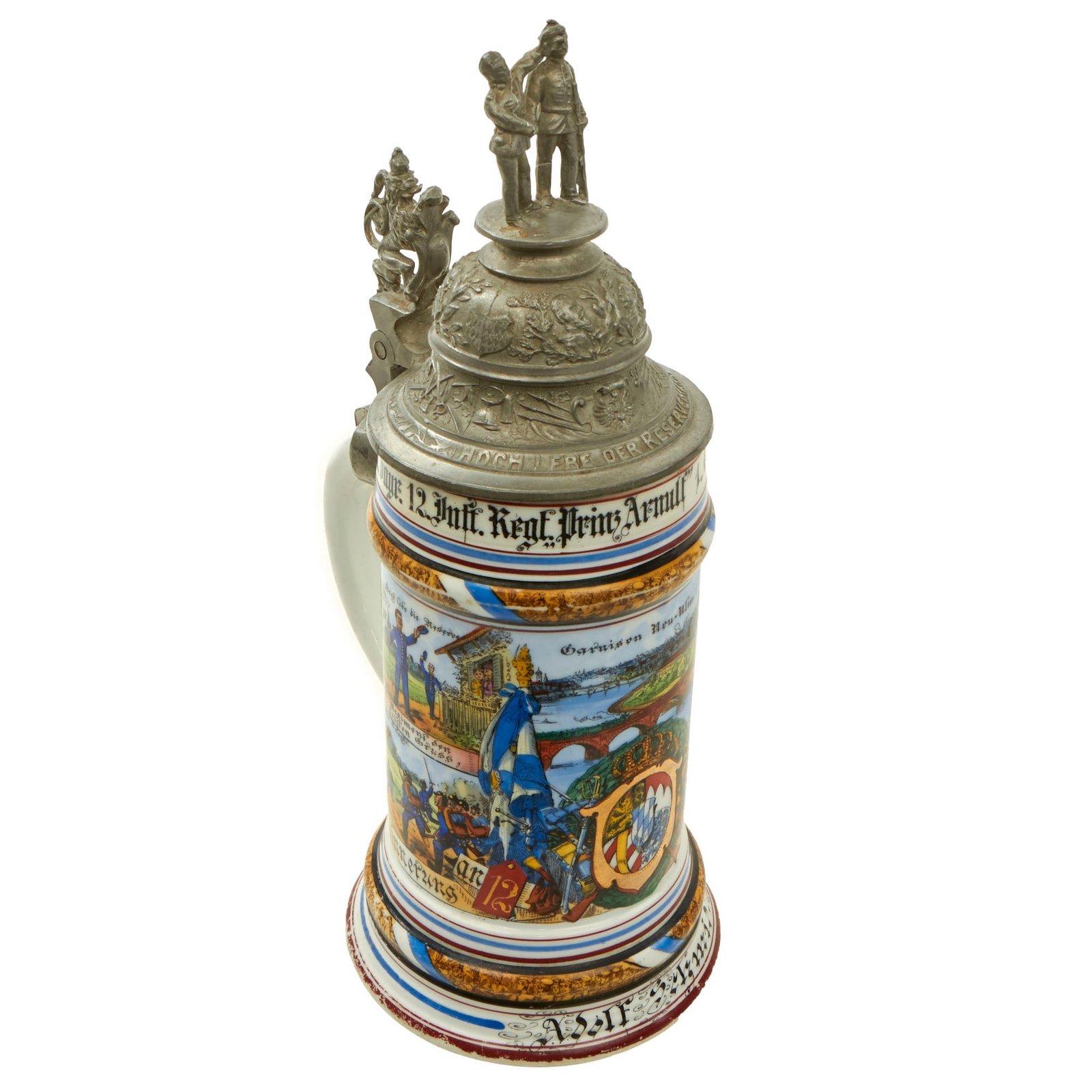 Original Imperial German WWI Era 12th Bavarian Infantry “Prinz Arnulf” Regiment Beer Stein with Hinged Lid - Dated 1903-1905