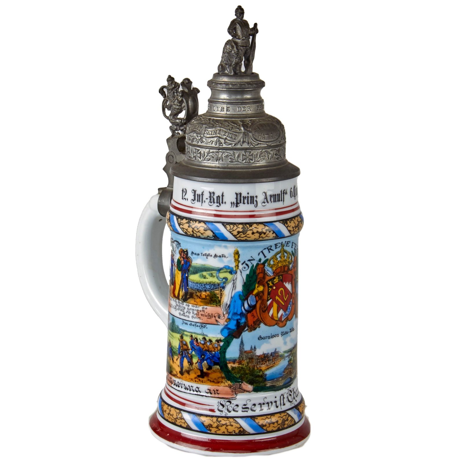 Original Imperial German WWI Era 12th Bavarian Infantry “Prinz Arnulf” Regiment Beer Stein with Hinged Lid - Dated 1902-1904