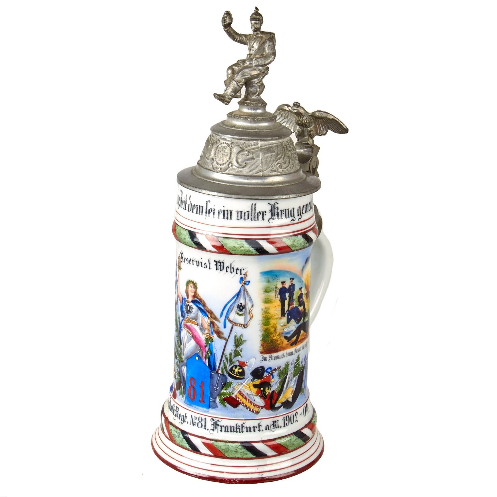 Original Imperial German WWI Era 81st (1st Kurhessian) Infantry Regiment Beer Stein with Hinged Lid - Dated 1902-1904