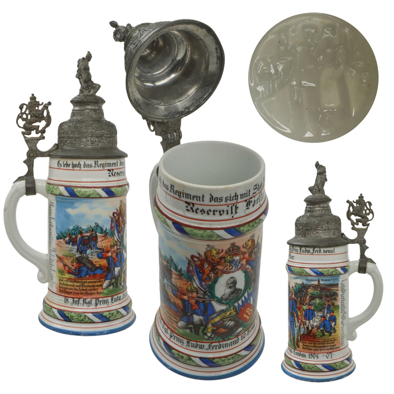 Original Imperial German WWI Era 18th Royal Bavarian Infantry Regiment Reservist Beer Stein with Hinged Lid - Dated 1905-07