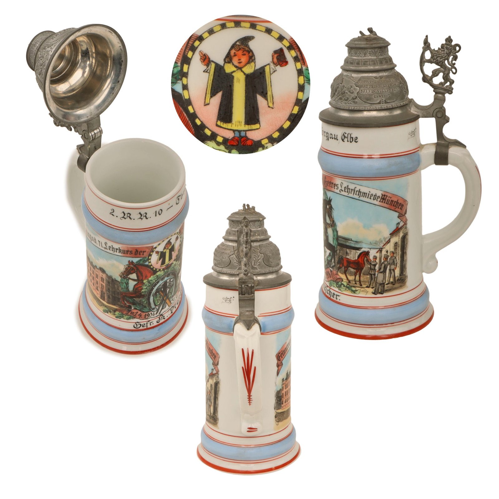 Original German Pre-WWII Veterinary Unit Beer Stein with Depiction of Munich Maid & Damaged Hinged Lid - Dated 1936