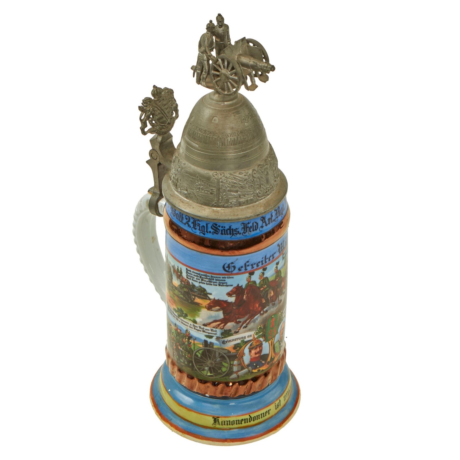 Original Imperial German WWI Era Saxon 28th (2nd Royal Saxon) Field Artillery Regiment Beer Stein with Outstanding Artillery Fuze Hinged Lid - Dated 1911-1913