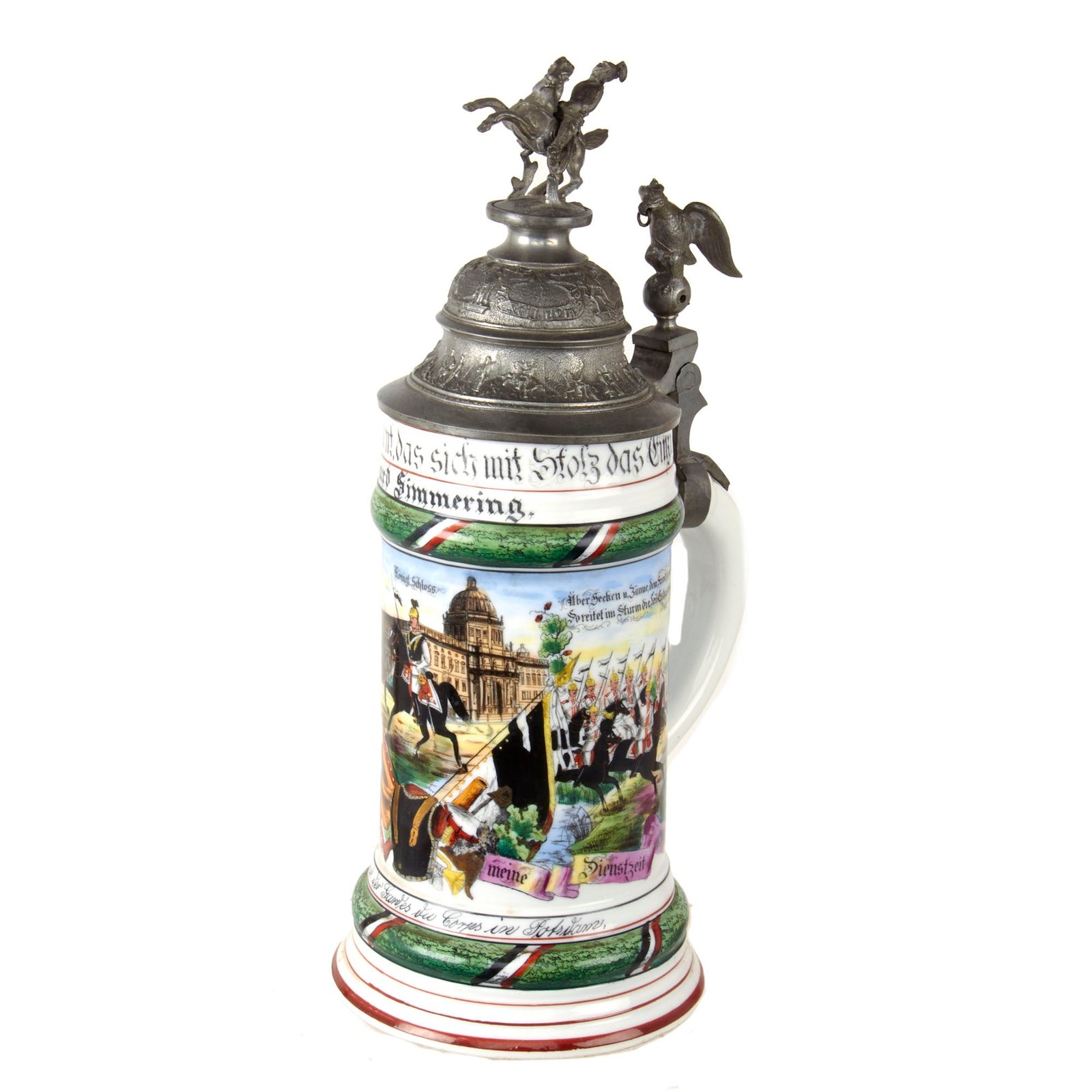 Original Imperial German WWI Era Rare Garde du Corps Prussian Life Guard Beer Stein with Outstanding Horseback Hinged Lid - Dated 1906-1909