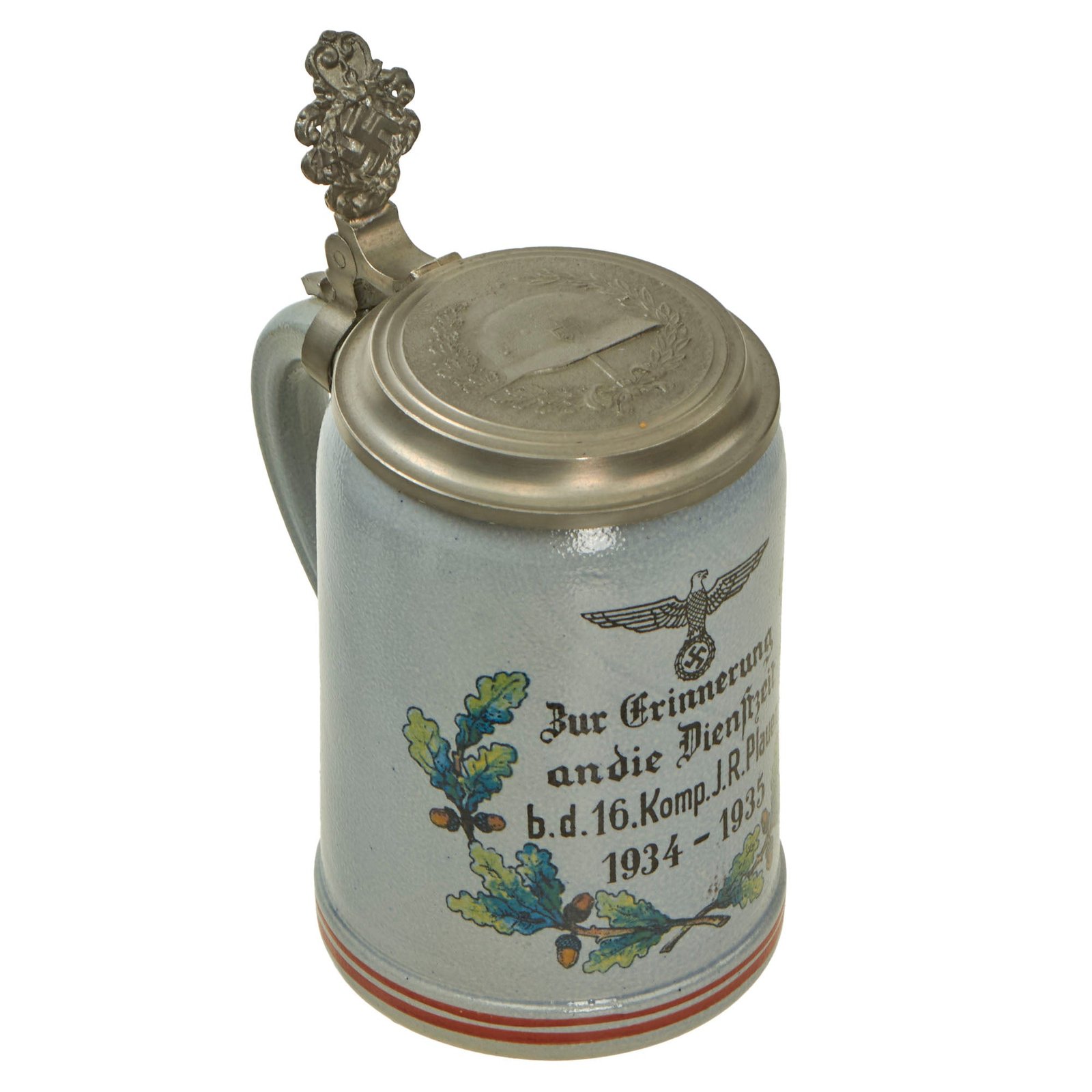 Original German Pre WWII Unit Marked Infantry Regiment Plauen 1934 - 1935 1/2L Beer Stein - Ceramic with Pewter Lid