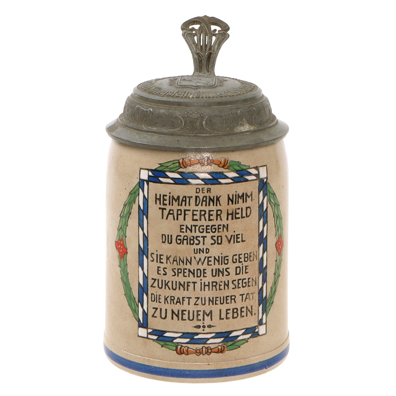 Original Imperial German WWI Hassfurt Municipality Soldier Lidded Beer Stein with Maker’s Mark