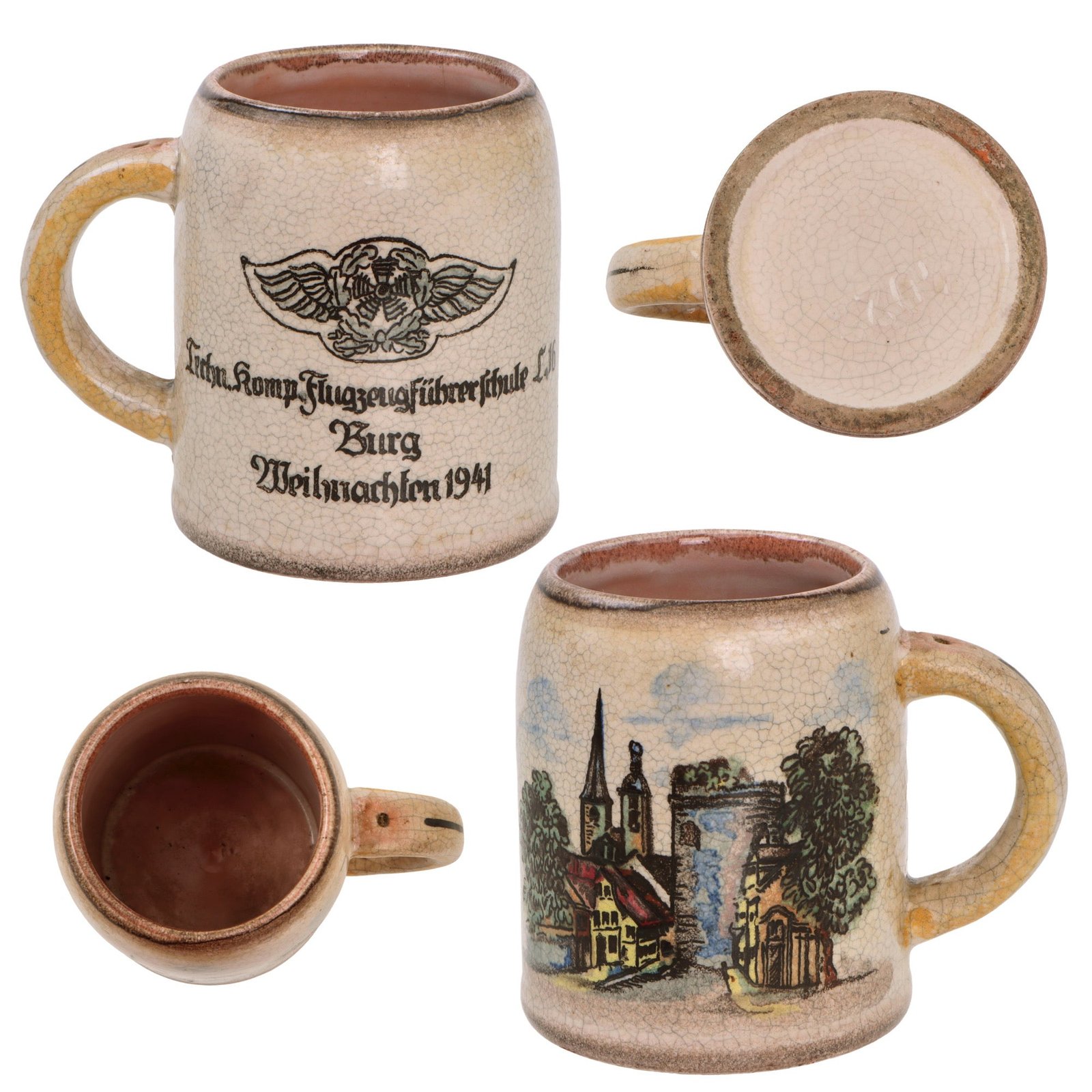 Original German WWII 1941-Dated Luftwaffe Technical Company, Pilot Training School Christmas Beer Stein with Pilot Wing & Burg Depiction - No Lid