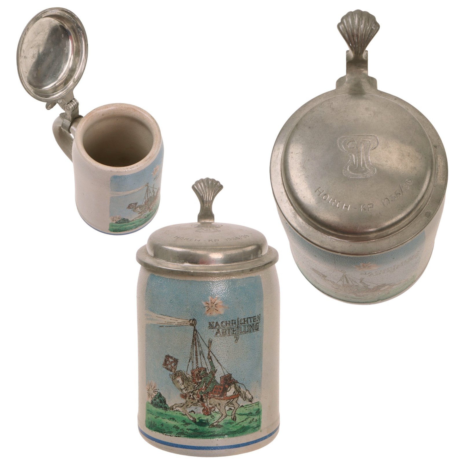 Original German Pre-WWII 7th Signal Battalion Lidded Beer Stein with Horseback Signalman Depiction - Dated 1935-1936