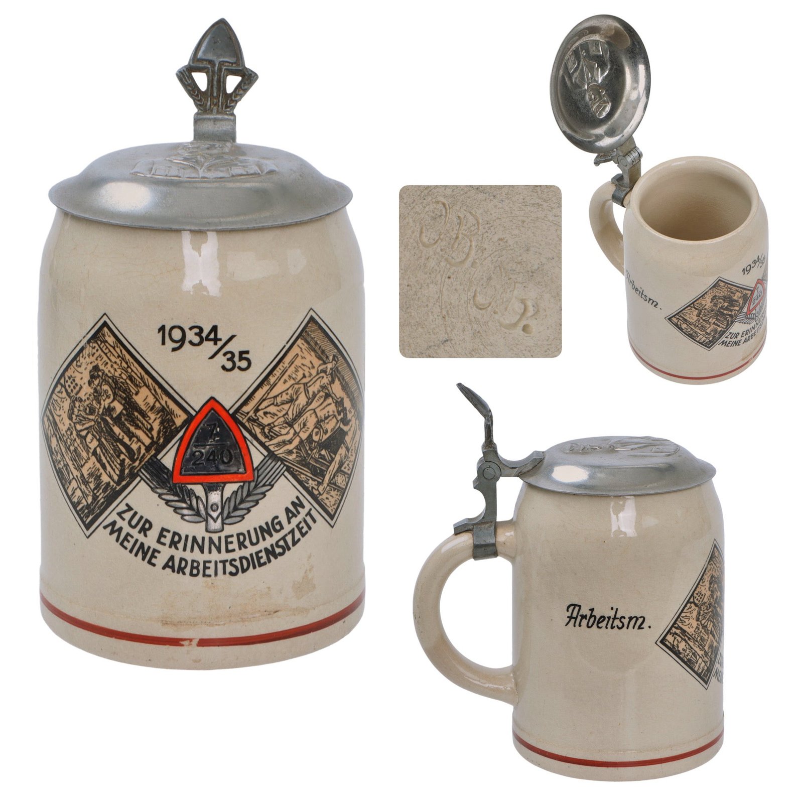 Original German Pre-WWII NSAD RAD Reichsarbeitsdienst National Labor Service Lidded Beer Stein with Shovel Hinge - Dated 1934 - 35