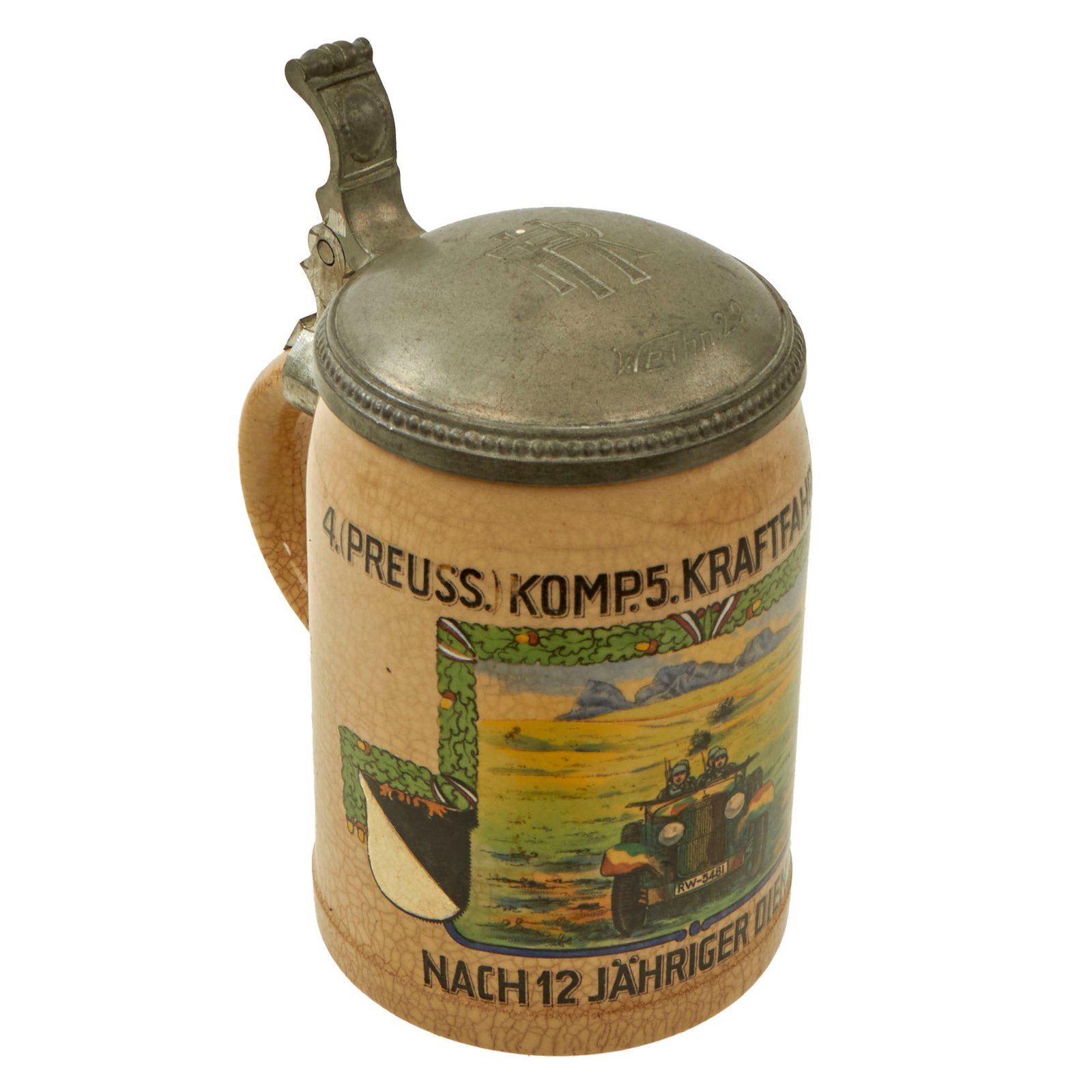 Original German Pre-WWII 4th Prussian Company 5th Motor Vehicle Division Lidded Beer Stein with Camouflaged Vehicle Depiction