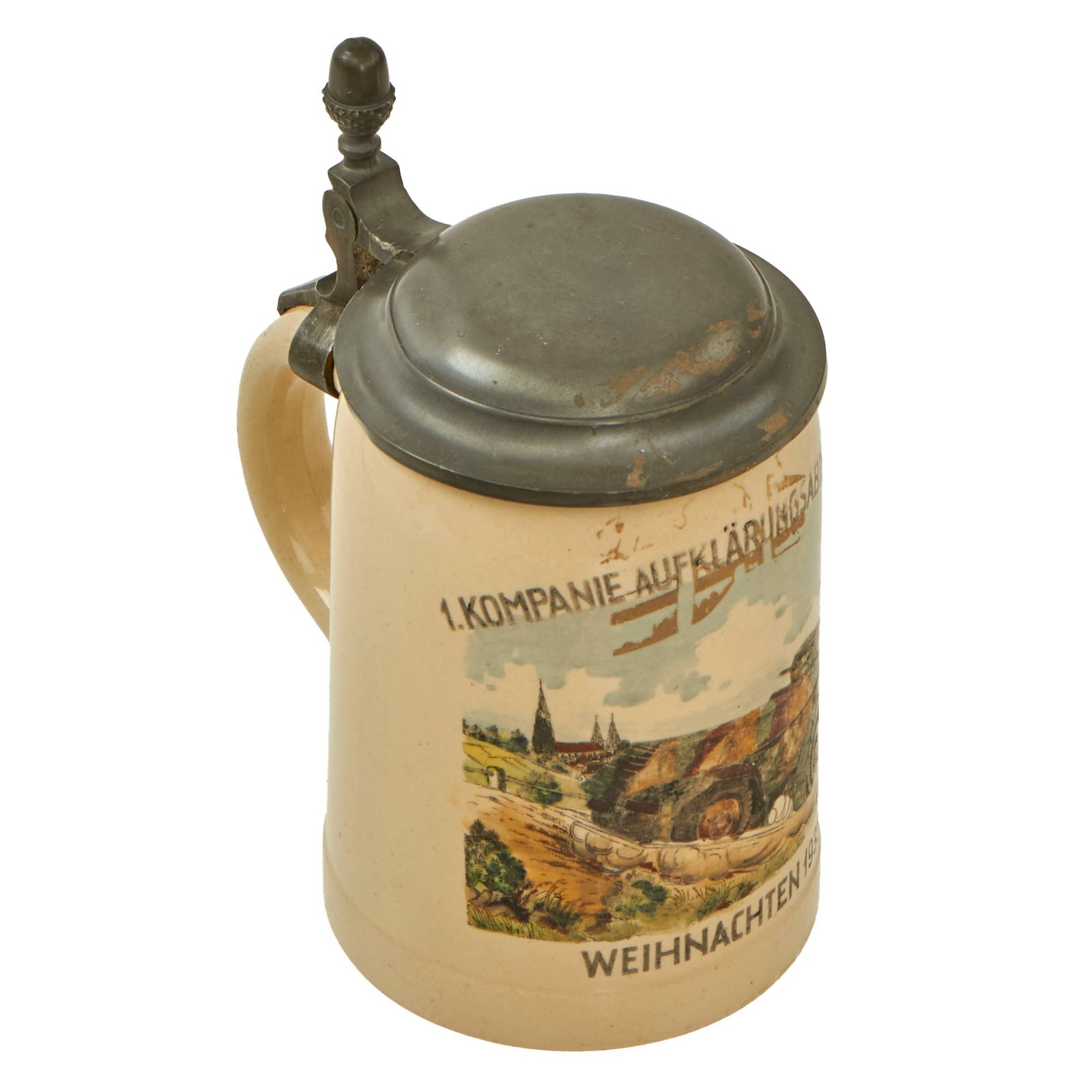 Original German WWII 1 Kompanie Aufklӓrungsabteilung 7 Regimental Christmas 1935 Lidded Beer Stein with Armored Reconnaissance Depiction