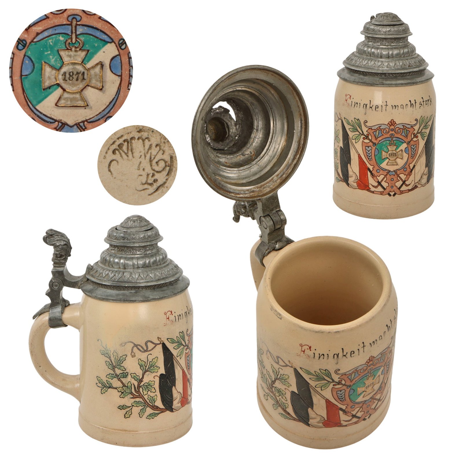 Original Imperial German Franco-Prussian War 1871 Lidded Beer Stein - “Unity is Strength” - Damage to Lid