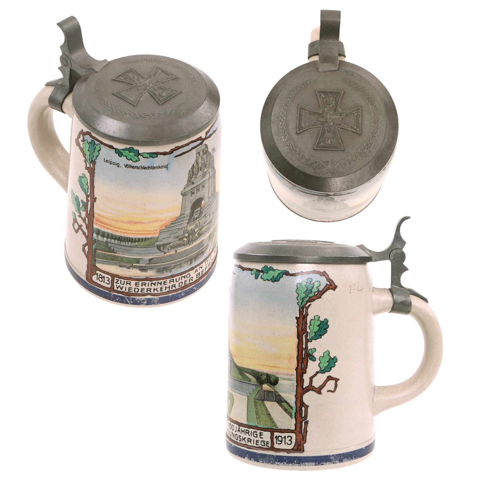 Original Imperial German Pre-WWI Wars of Liberation Centenary Lidded Beer Stein with 1813 Iron Cross on Lid